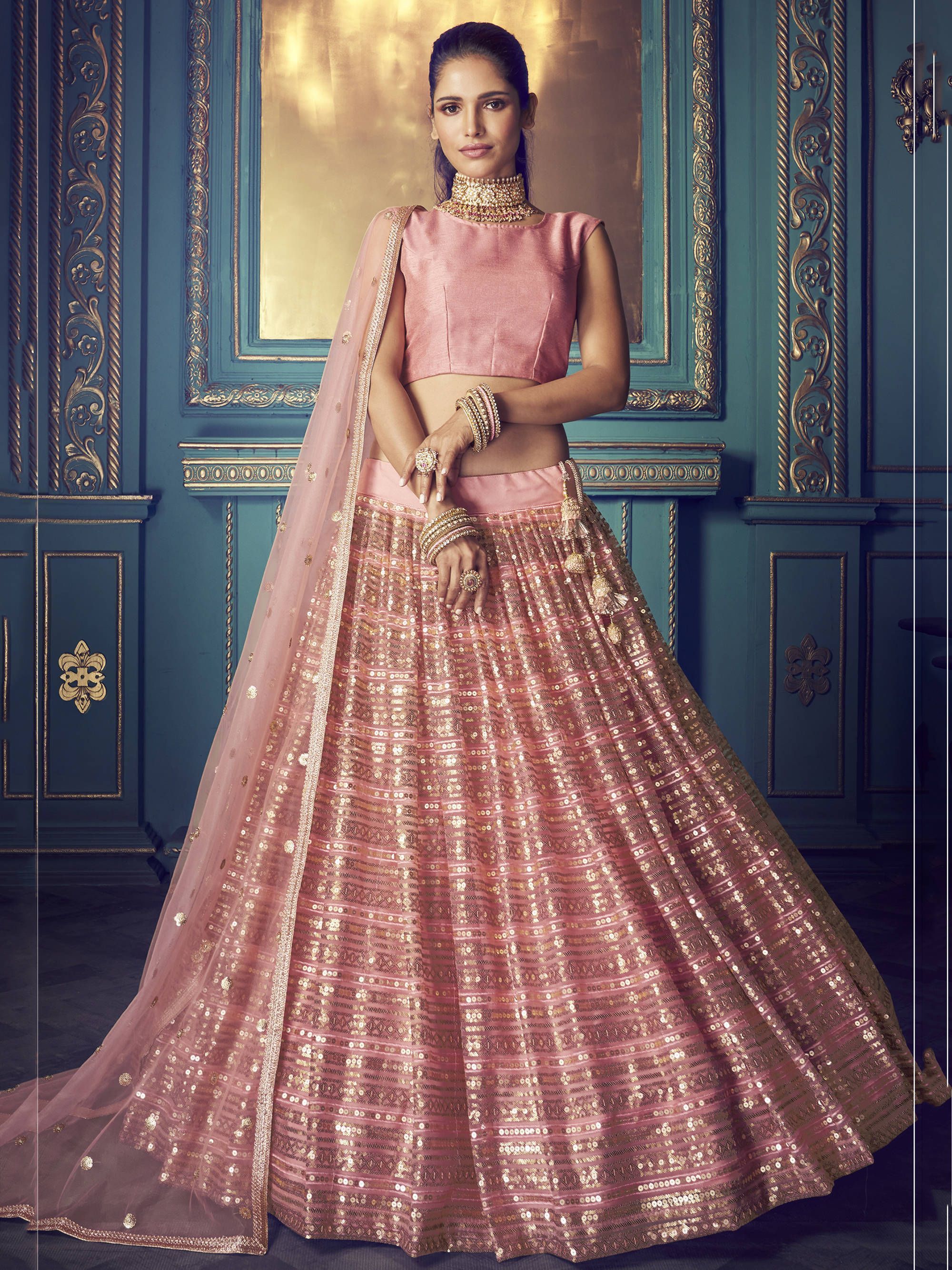 Pink Fully Sequins Net Wedding Wear Lehenga Choli With Dupatta 