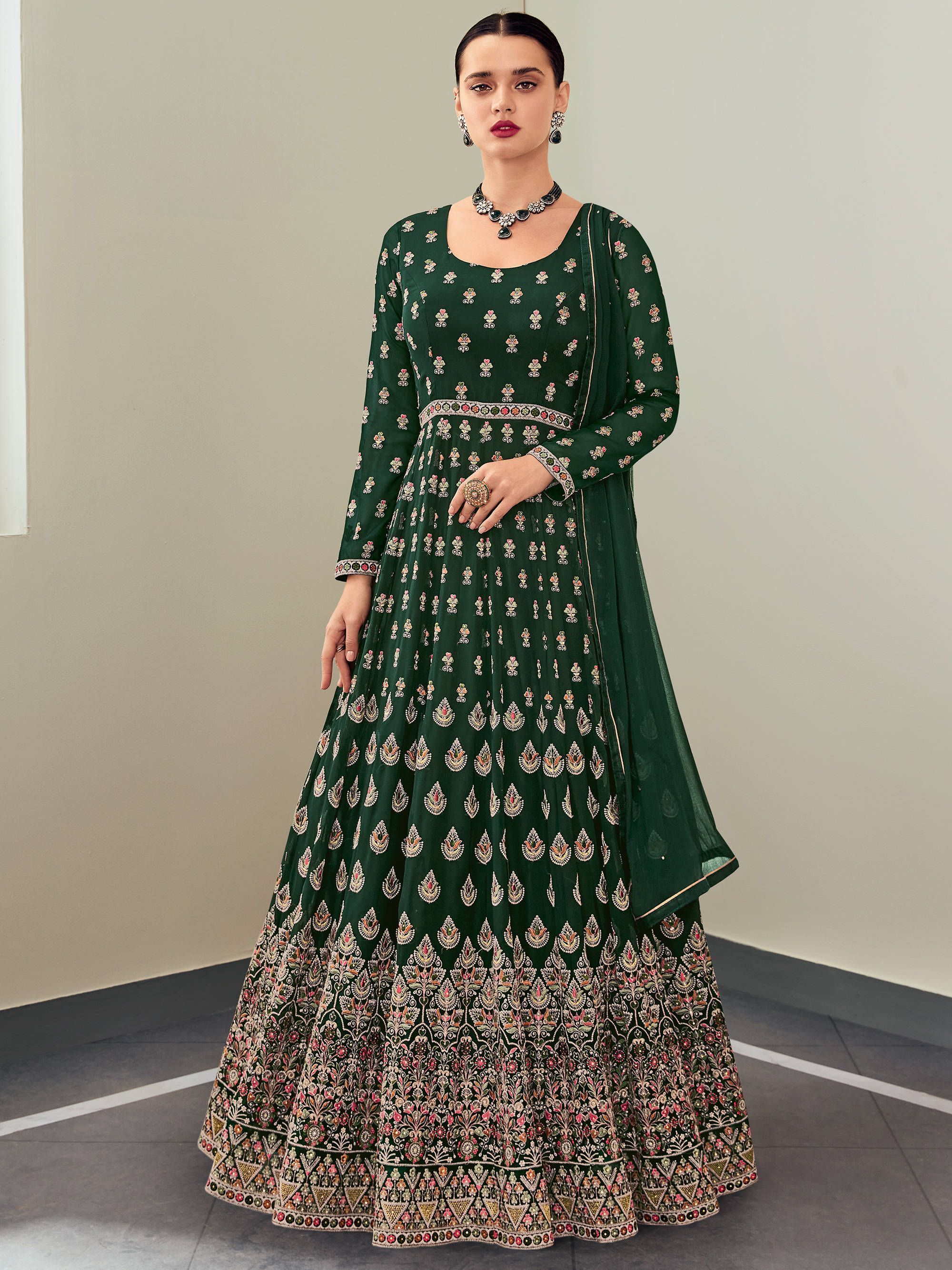 Teal Green Multi Thread Georgette Party Wear Gown With Dupatta