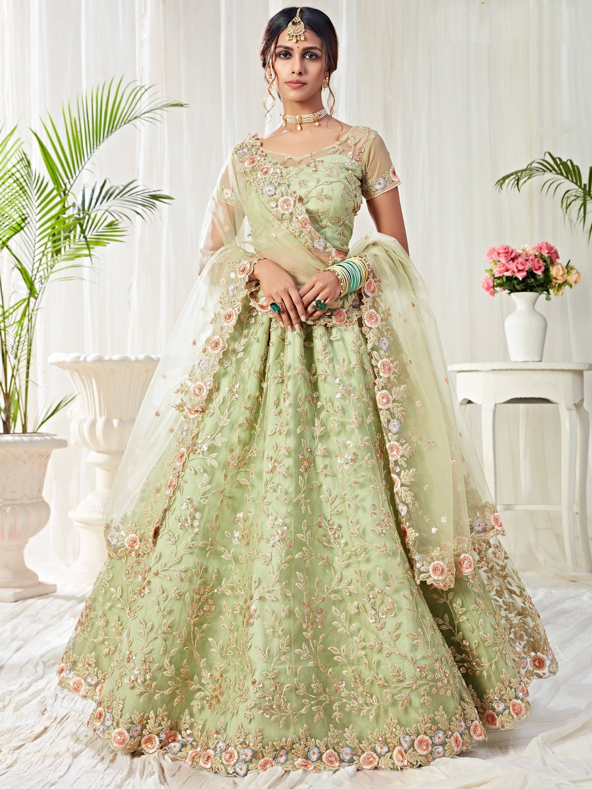Pista Green Thread Net Bridal Wear Lehenga Choli