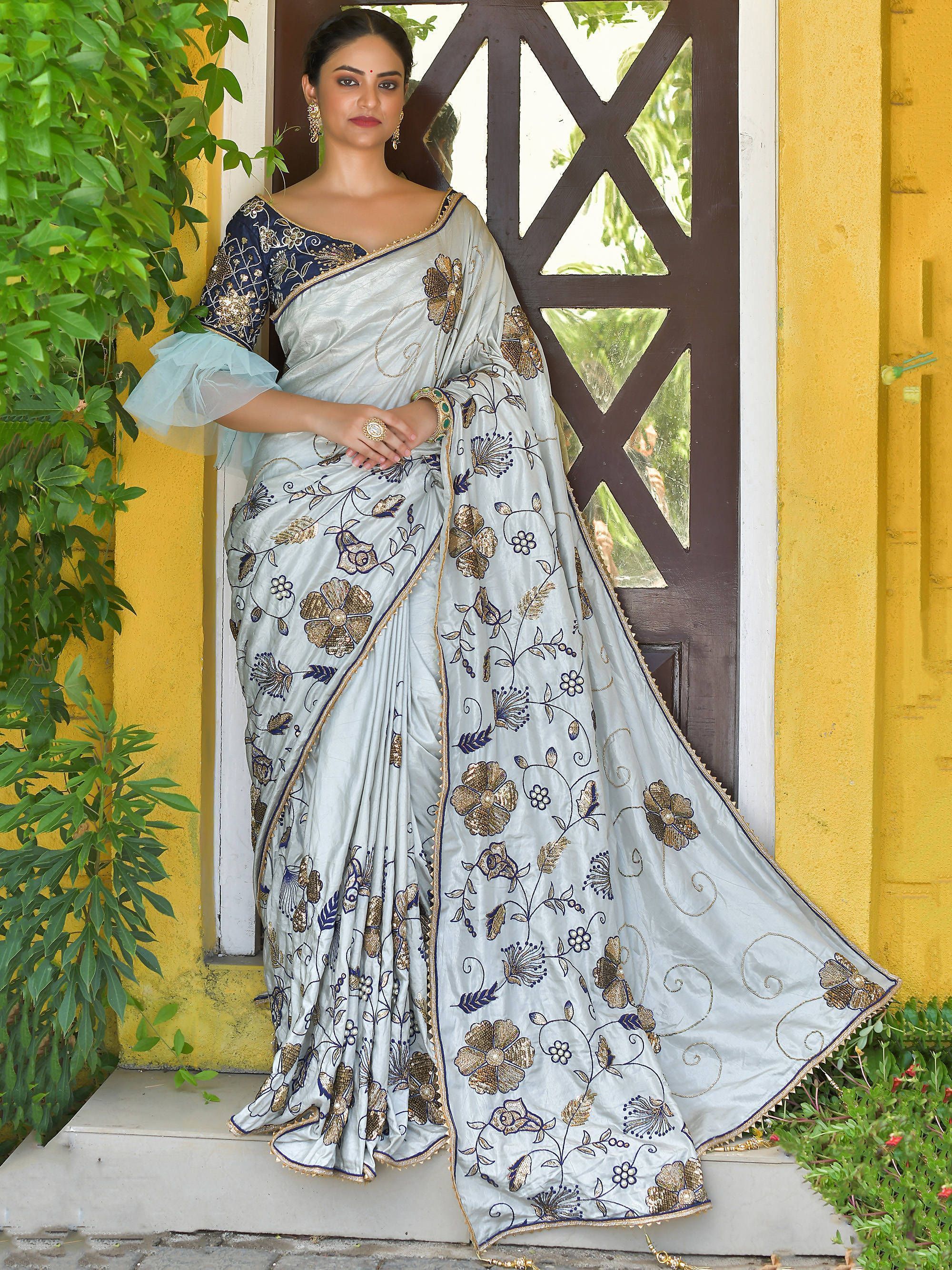 Grey Hand Work Silk Wedding Wear Saree With Blouse