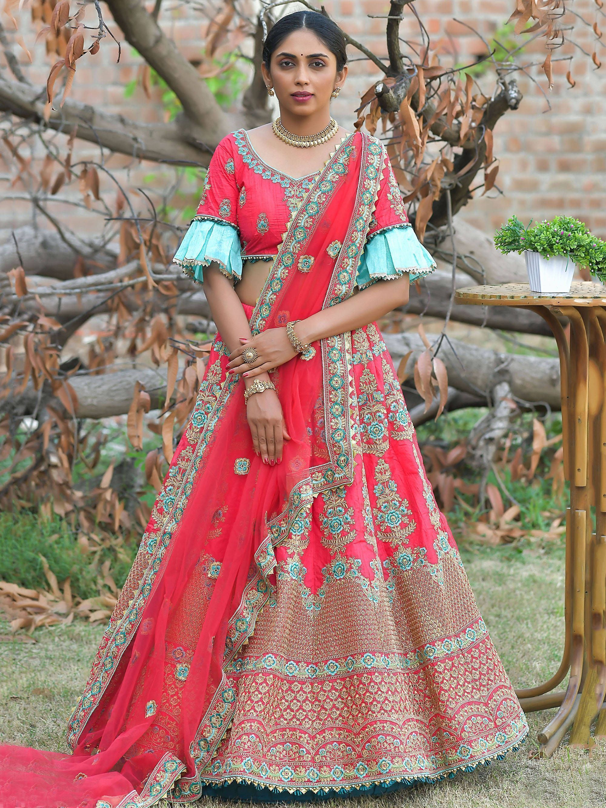 Pink Resham Embroidered Pashmina Silk Bridal Lehenga Choli