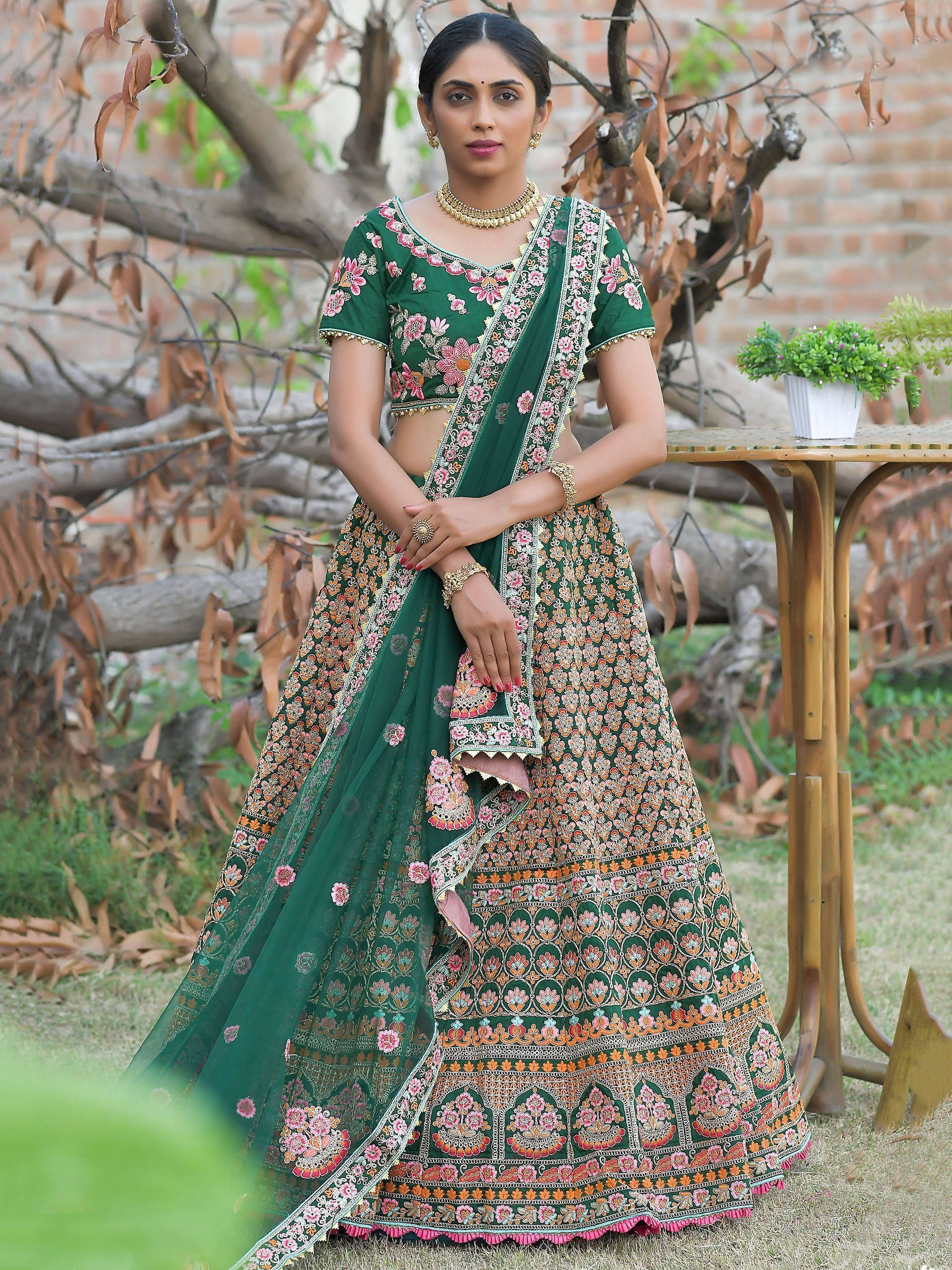 Green Floral Embroidered Pashmina Silk Bridal Lehenga Choli