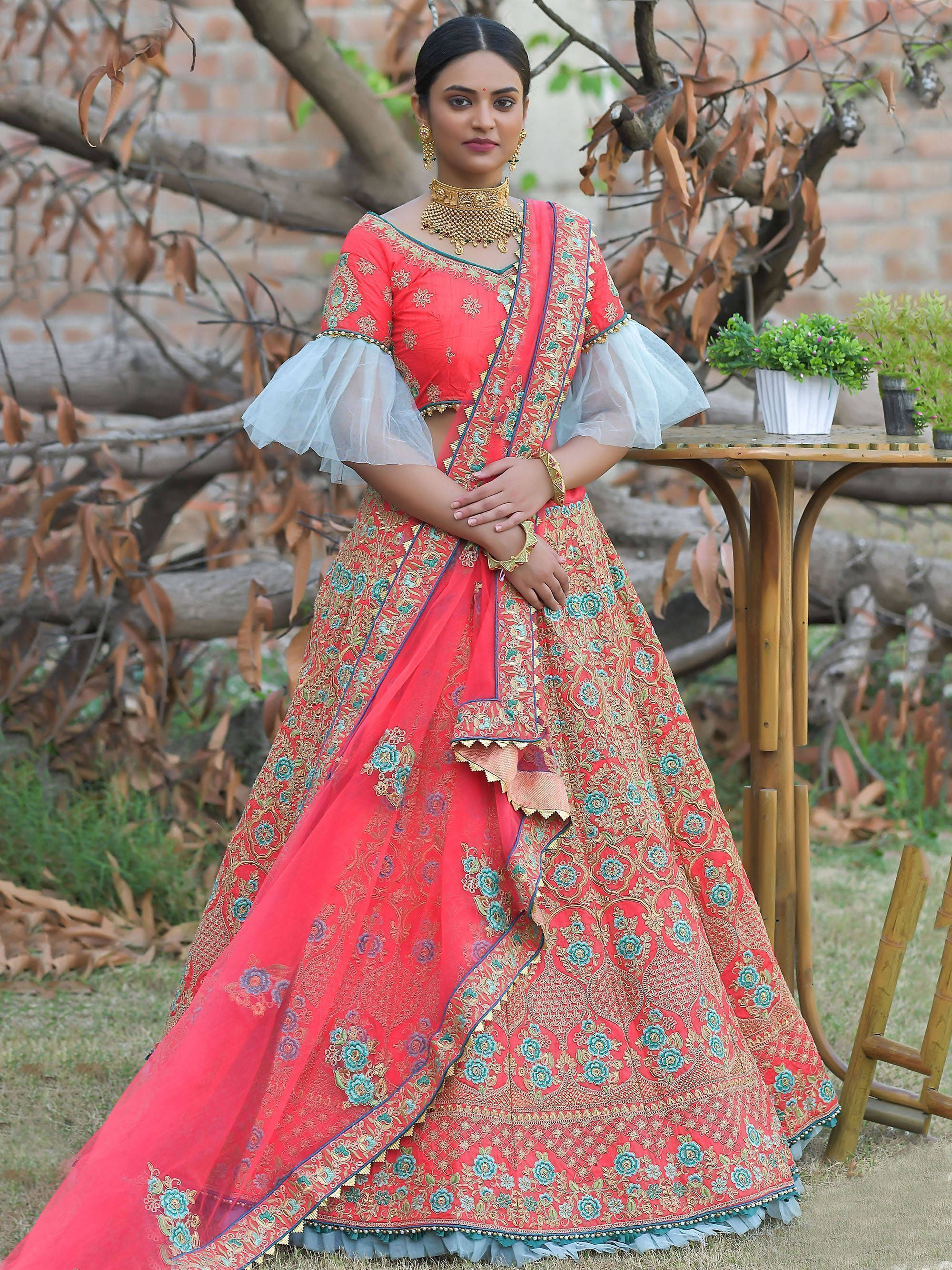 Hot pink Floral Embroidered Silk Wedding Lehenga Choli