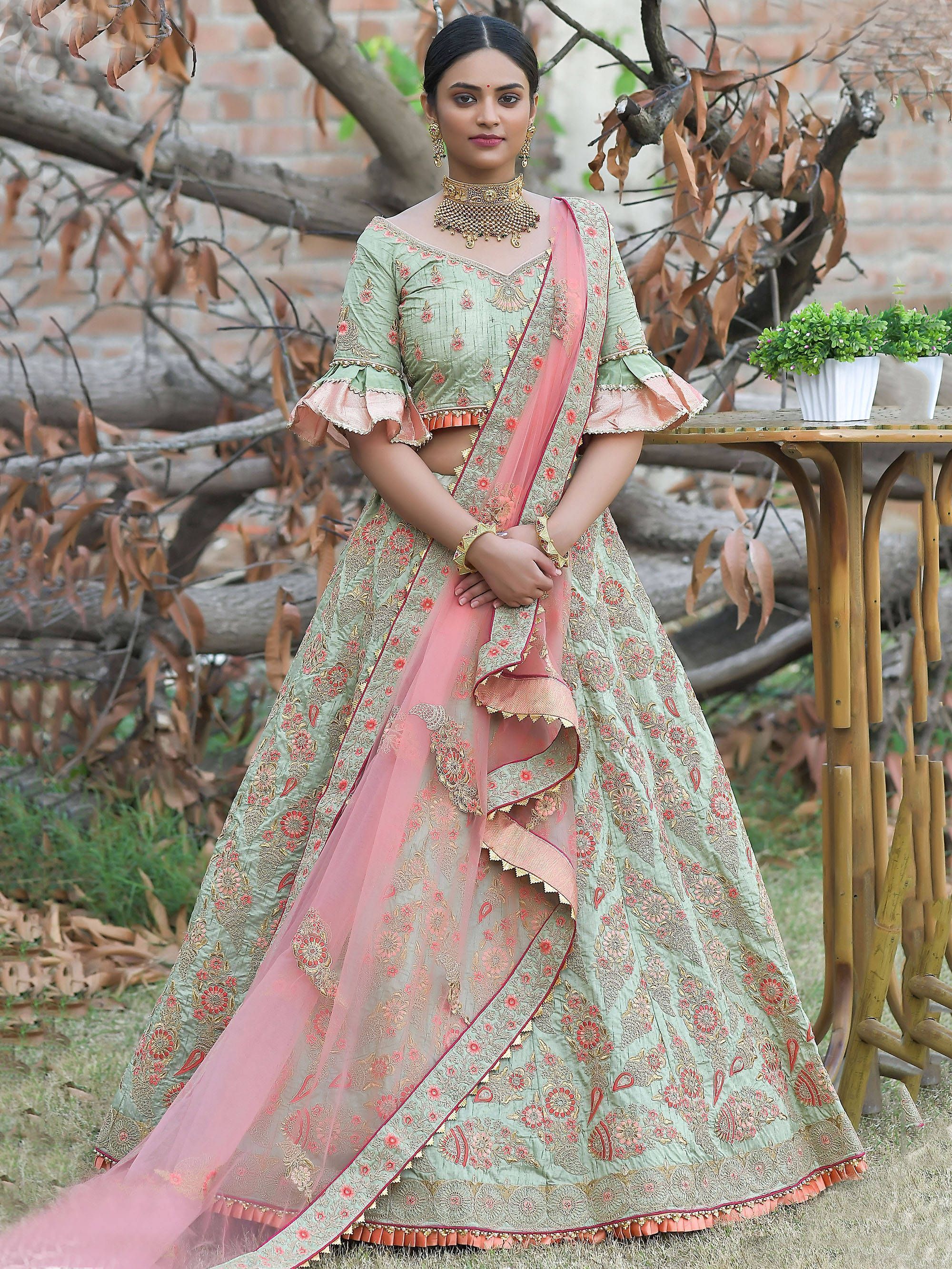 Pista Green Floral Embroidered Silk Wedding Lehenga Choli