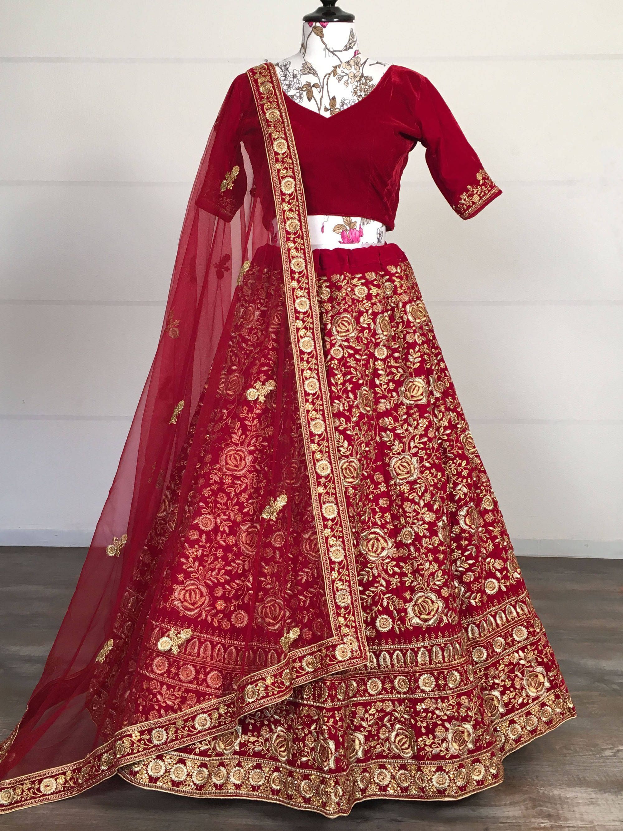 Red Zari Embroidered Velvet Bridal Wear Lehenga Choli