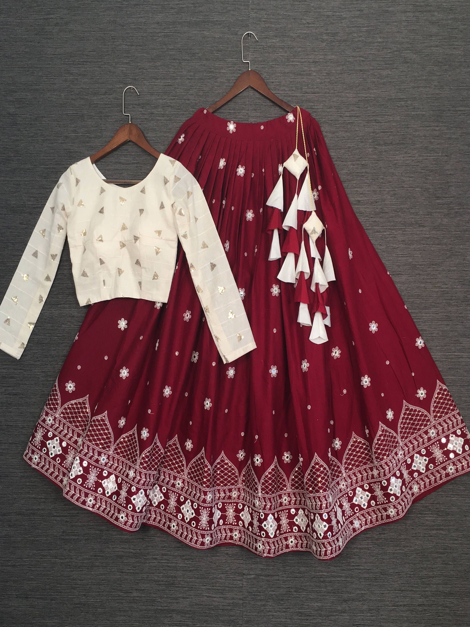 Maroon Embroidered Cotton Festive Lehenga With Readymade Crop Top