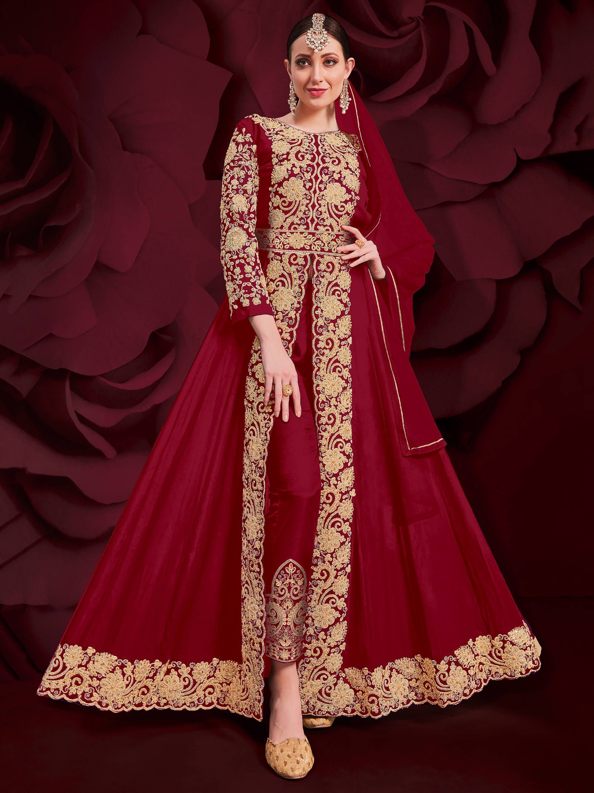 Red Stone Embroidered Georgette Festive Pakistani Salwar Suit