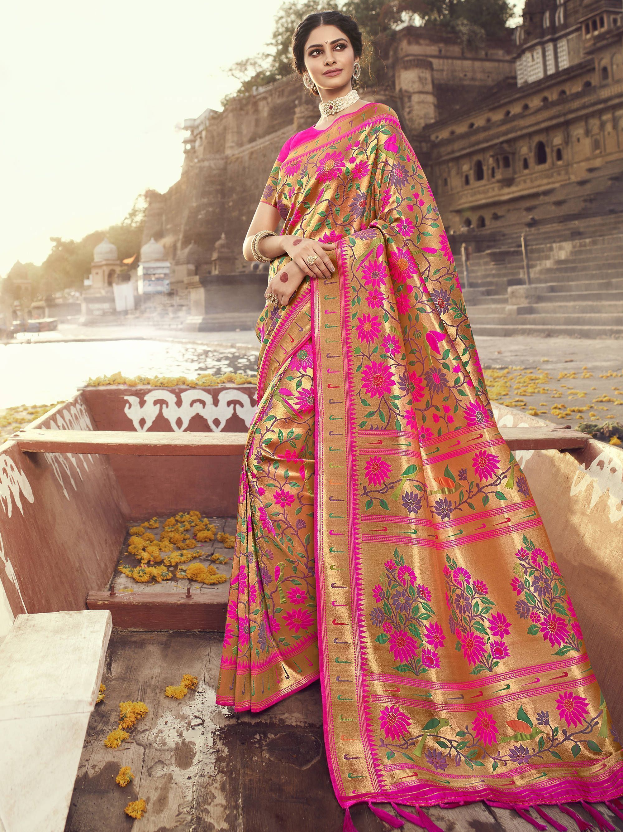 Rani Pink Zari Bordered Banarasi Silk Wedding Wear Saree
