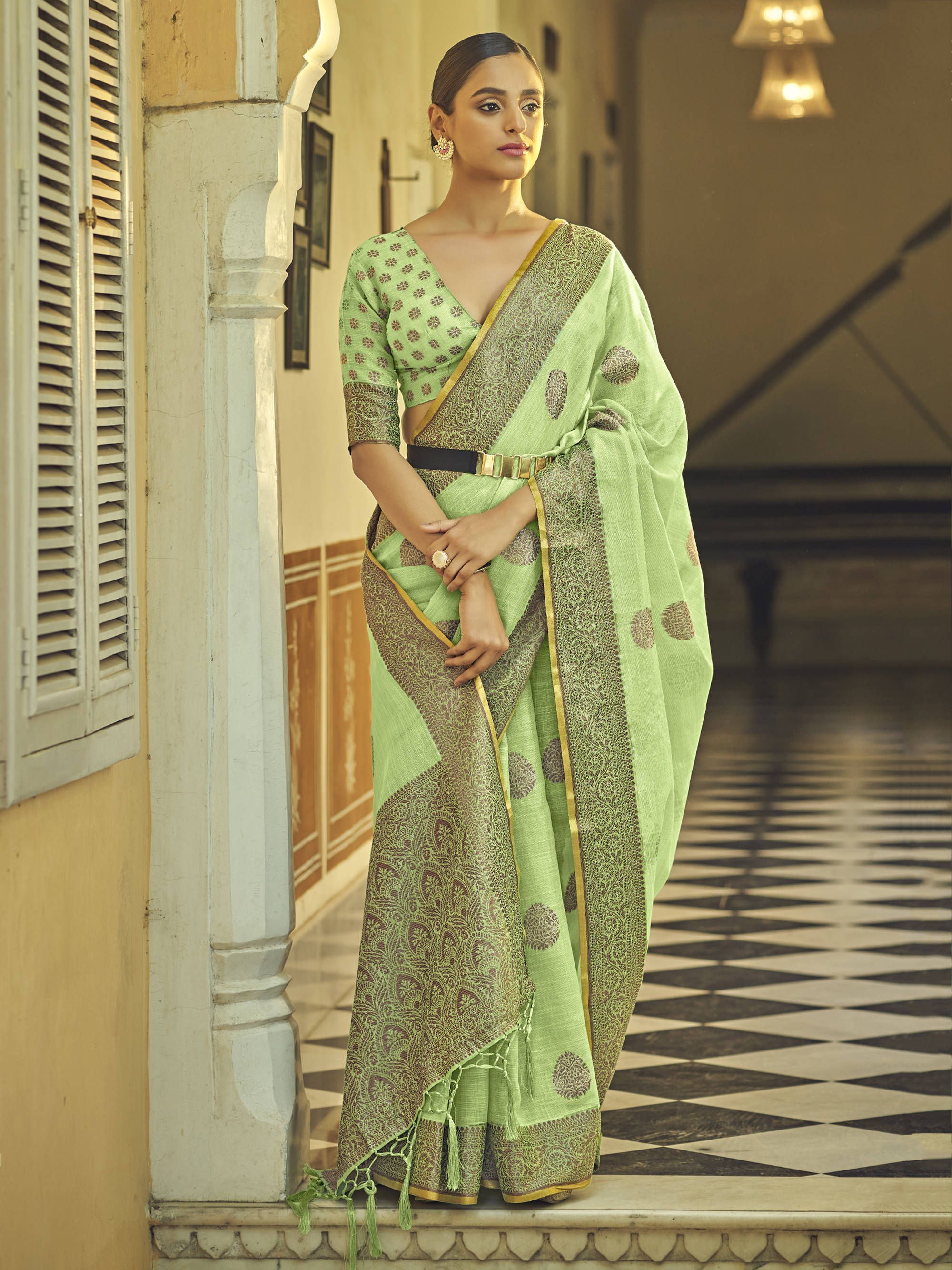 Marvelous Lime Green Linen Jacquard Weaving Silk Wear Saree