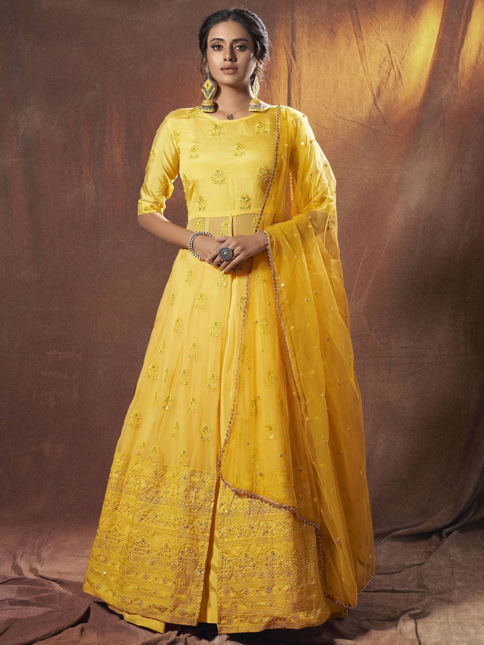 Yellow Lucknowi Georgette Party Wear Lehenga With Jacket Style Choli