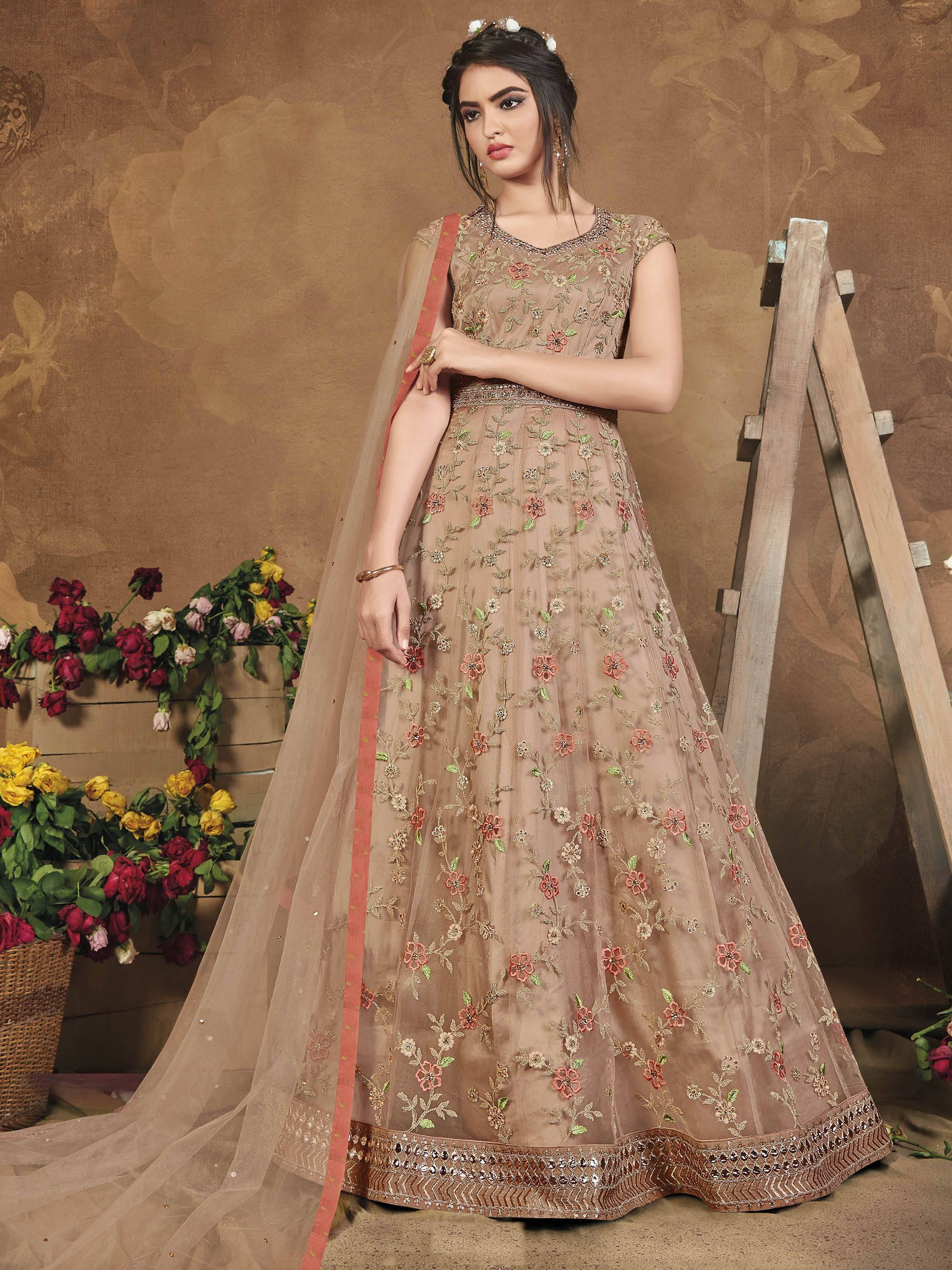 Light Brown Heavy Embroidered Net Party Wear Anarkali Long Gown 