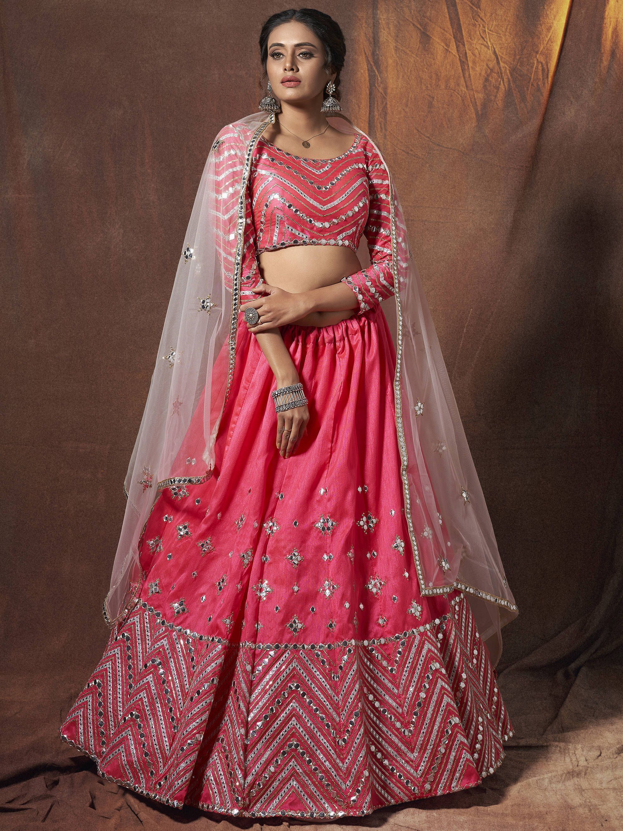 Hot Pink Zari Work Art Silk Wedding Wear Lehenga Choli