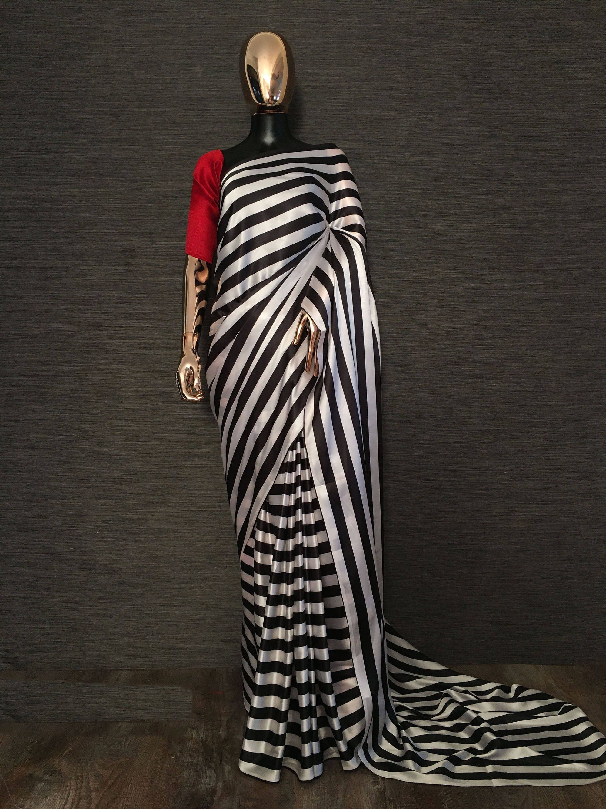 Black Striped Satin Silk Party Wear Saree With Red Blouse
