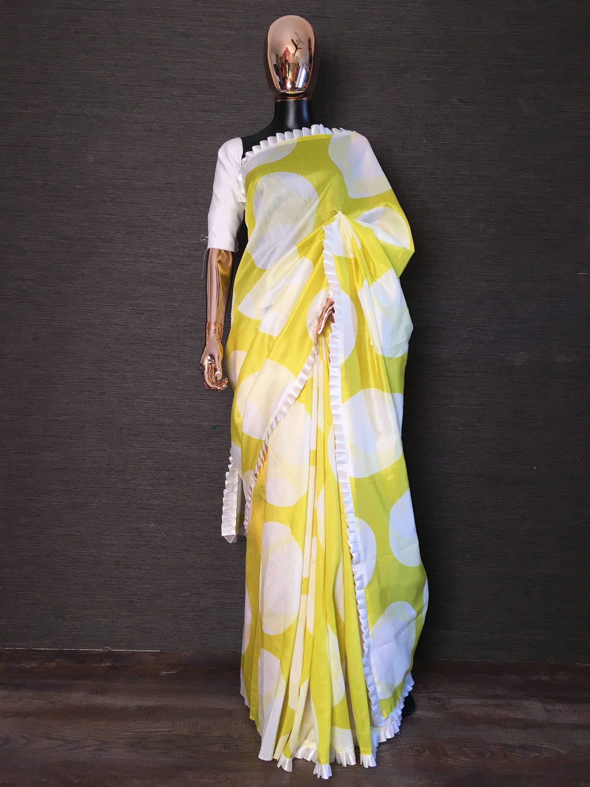Yellow Frilled Border Chanderi Cotton Party Wear Saree With Blouse