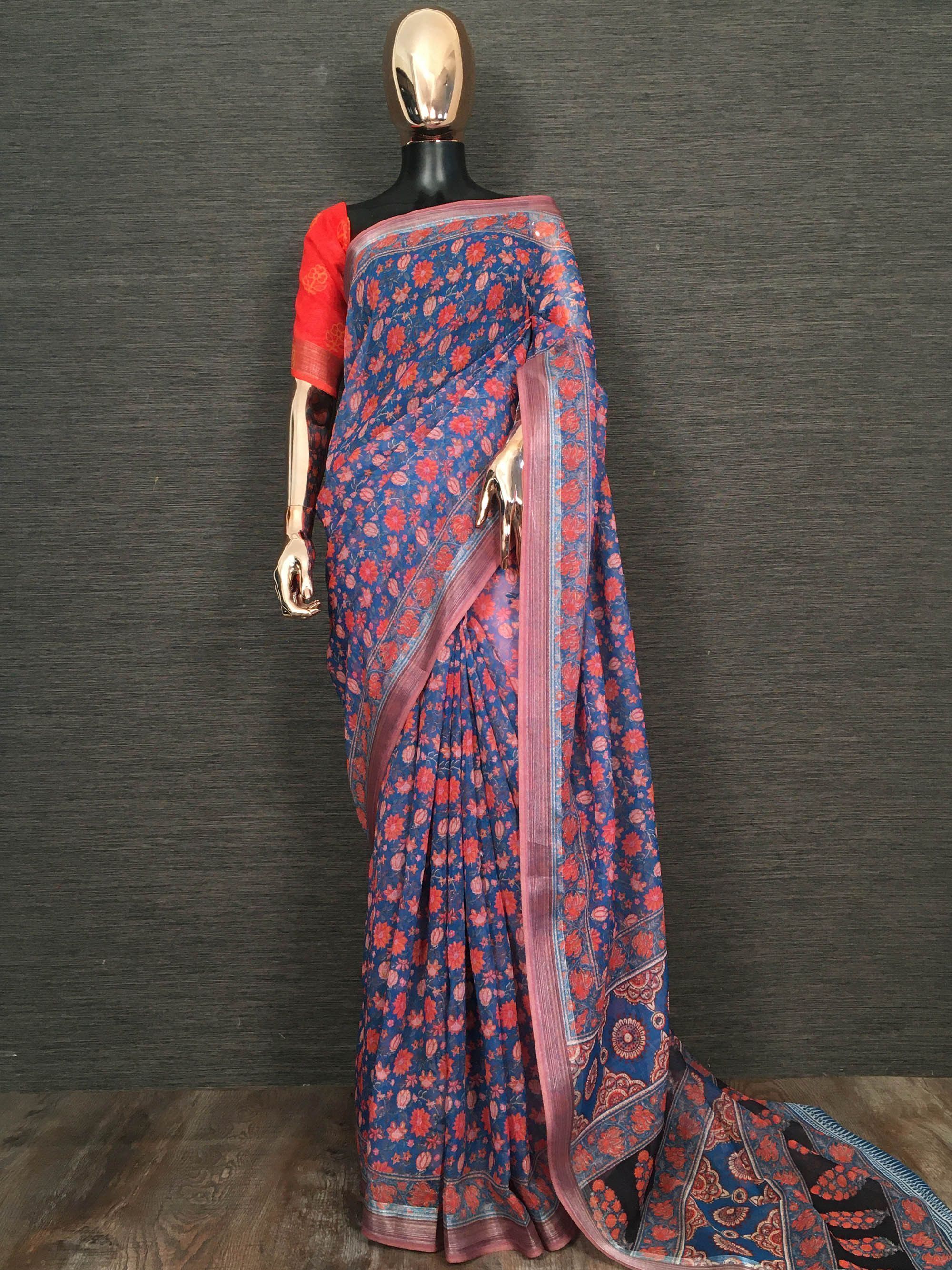 Blue Floral Printed Linen Festive Wear Saree With Blouse