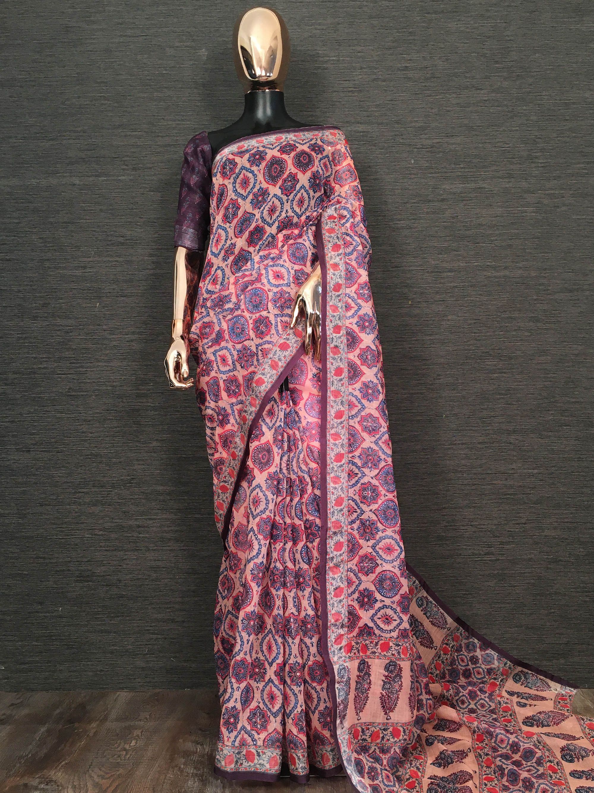 Purple Printed Linen Festive Wear Saree With Blouse