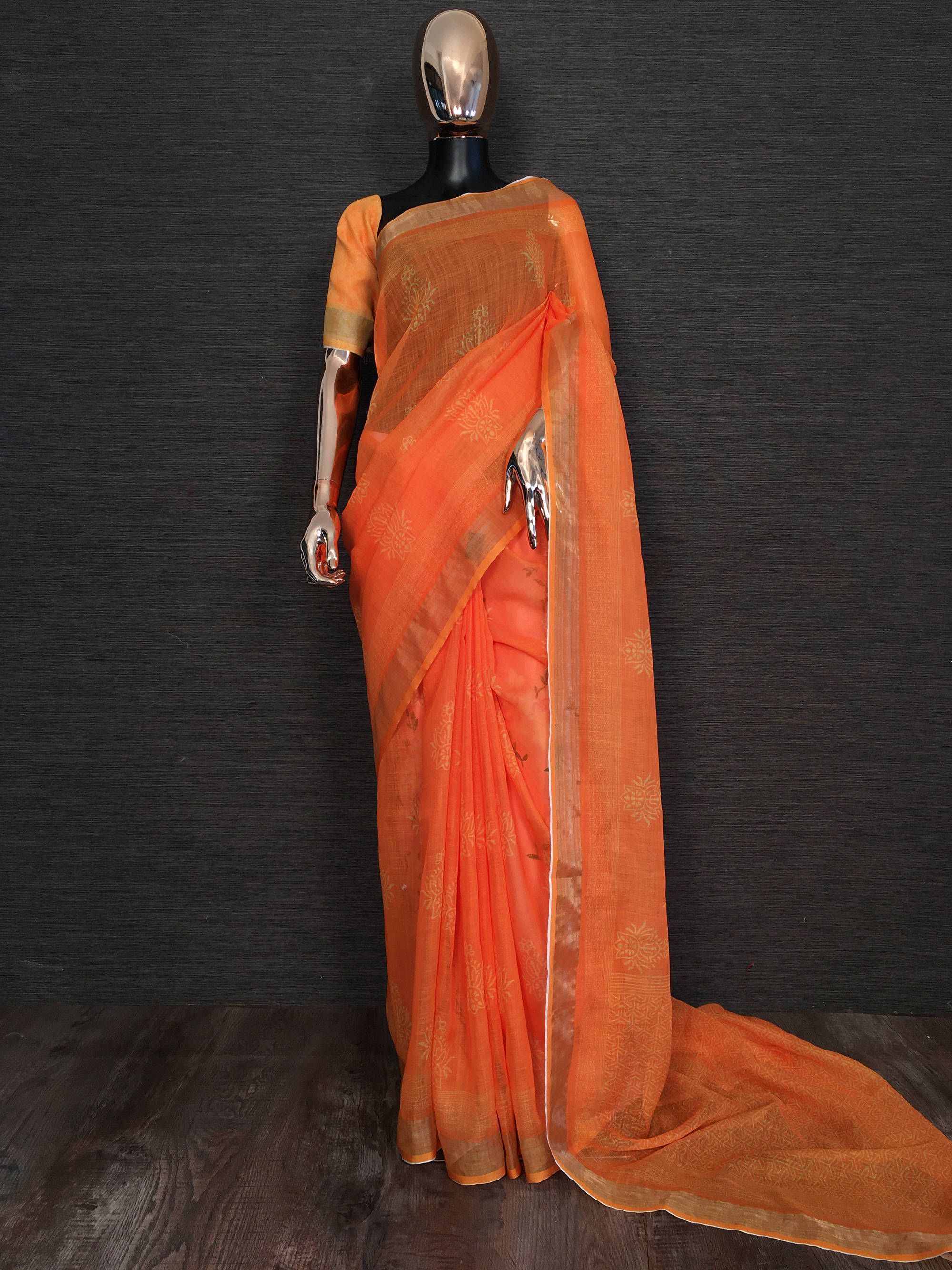 Orange Printed Linen Festival Wear Saree With Blouse