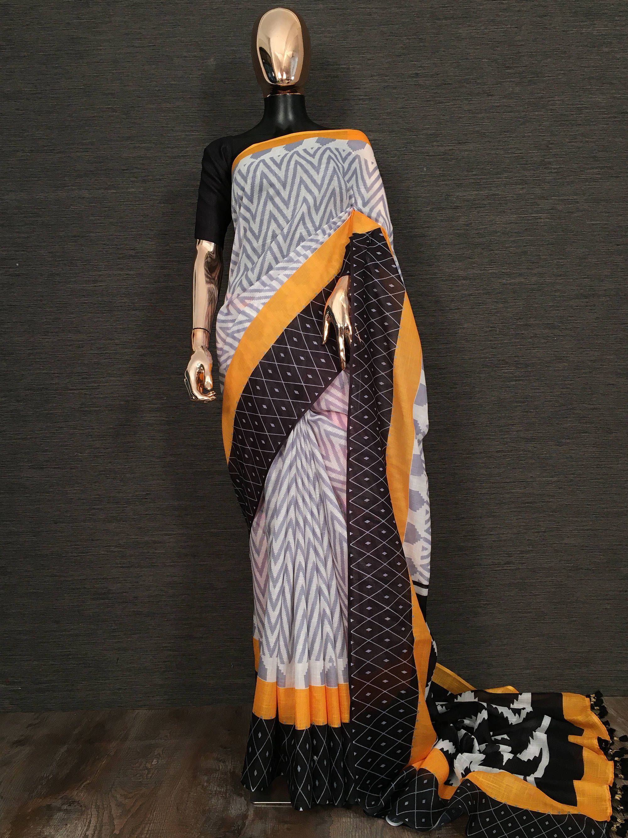 Grey Printed Linen Festive Wear Saree With Blouse