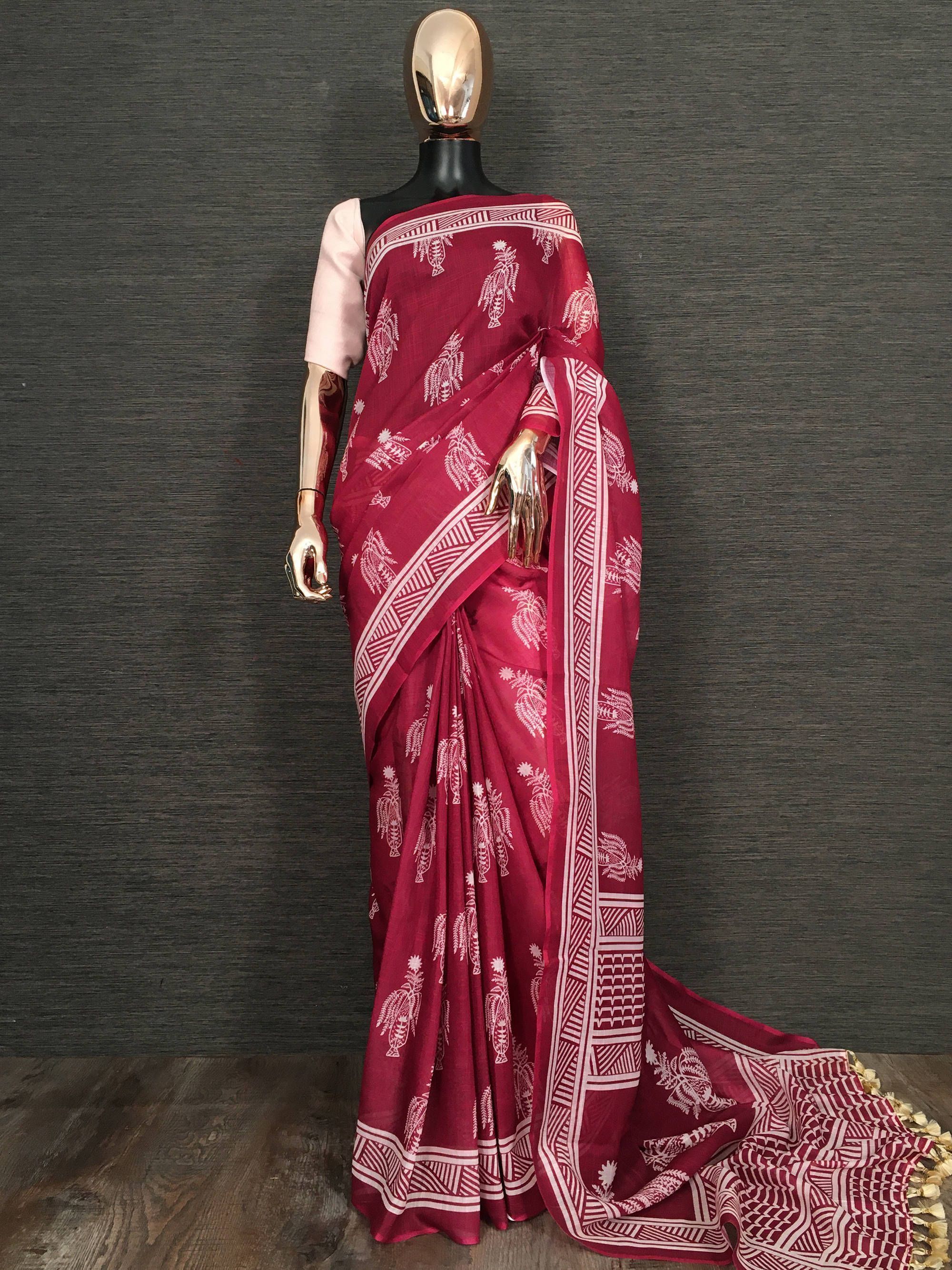 Maroon Printed Linen Festive Wear Saree With Blouse
