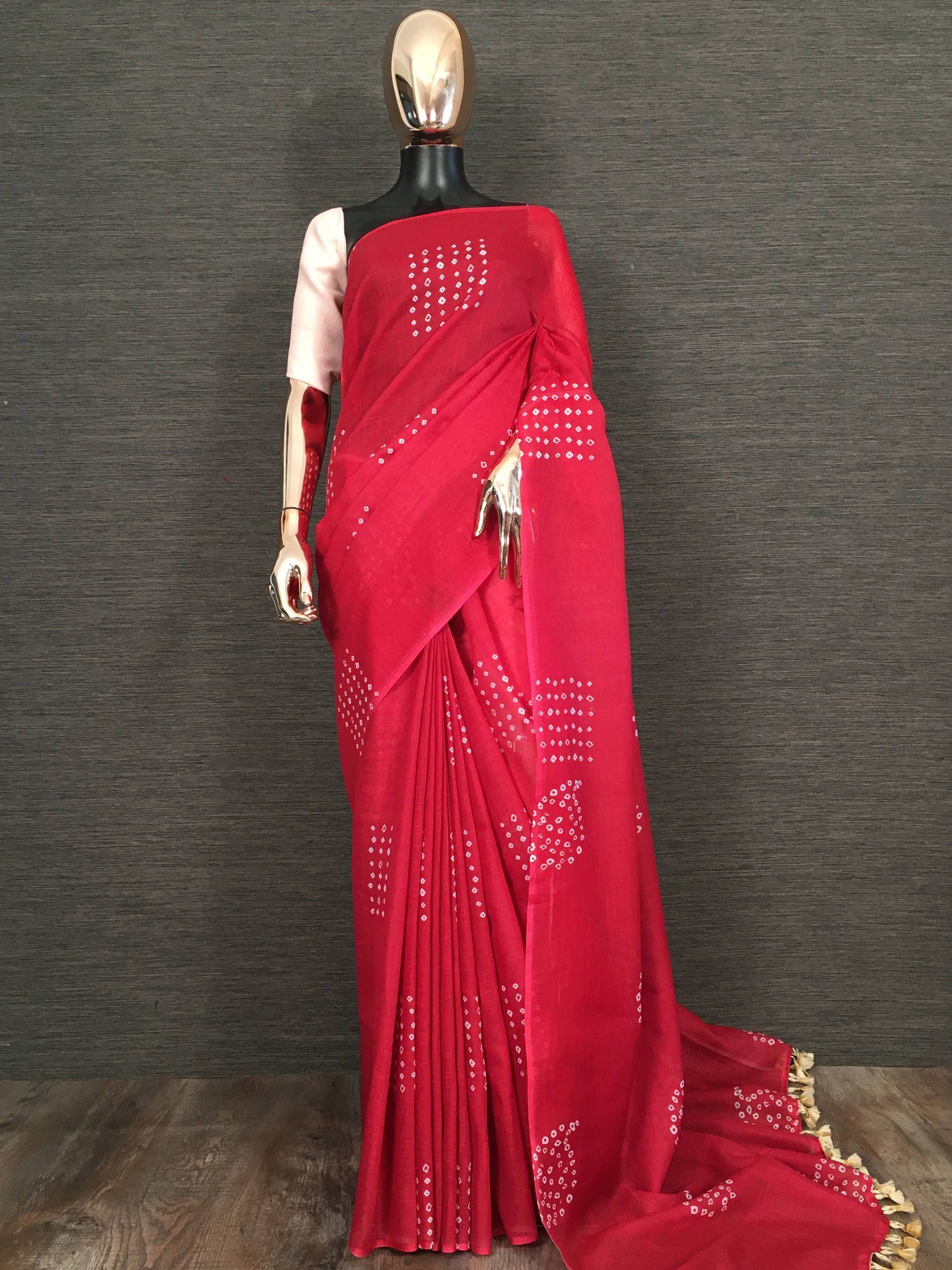 Red Printed Linen Festive Wear Saree With Blouse