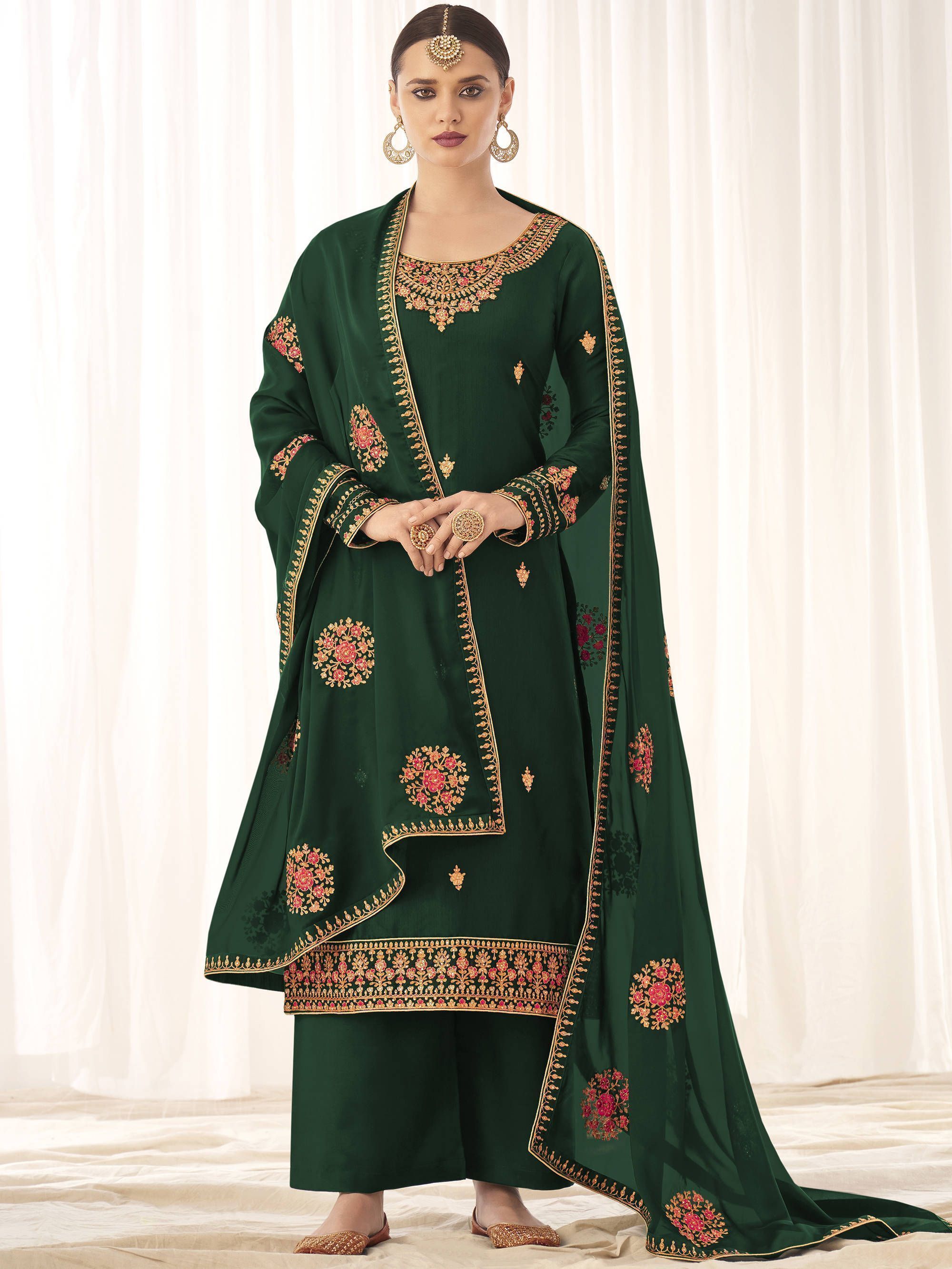 Green Embroidered Art Silk Festive Wear Salwar Kameez