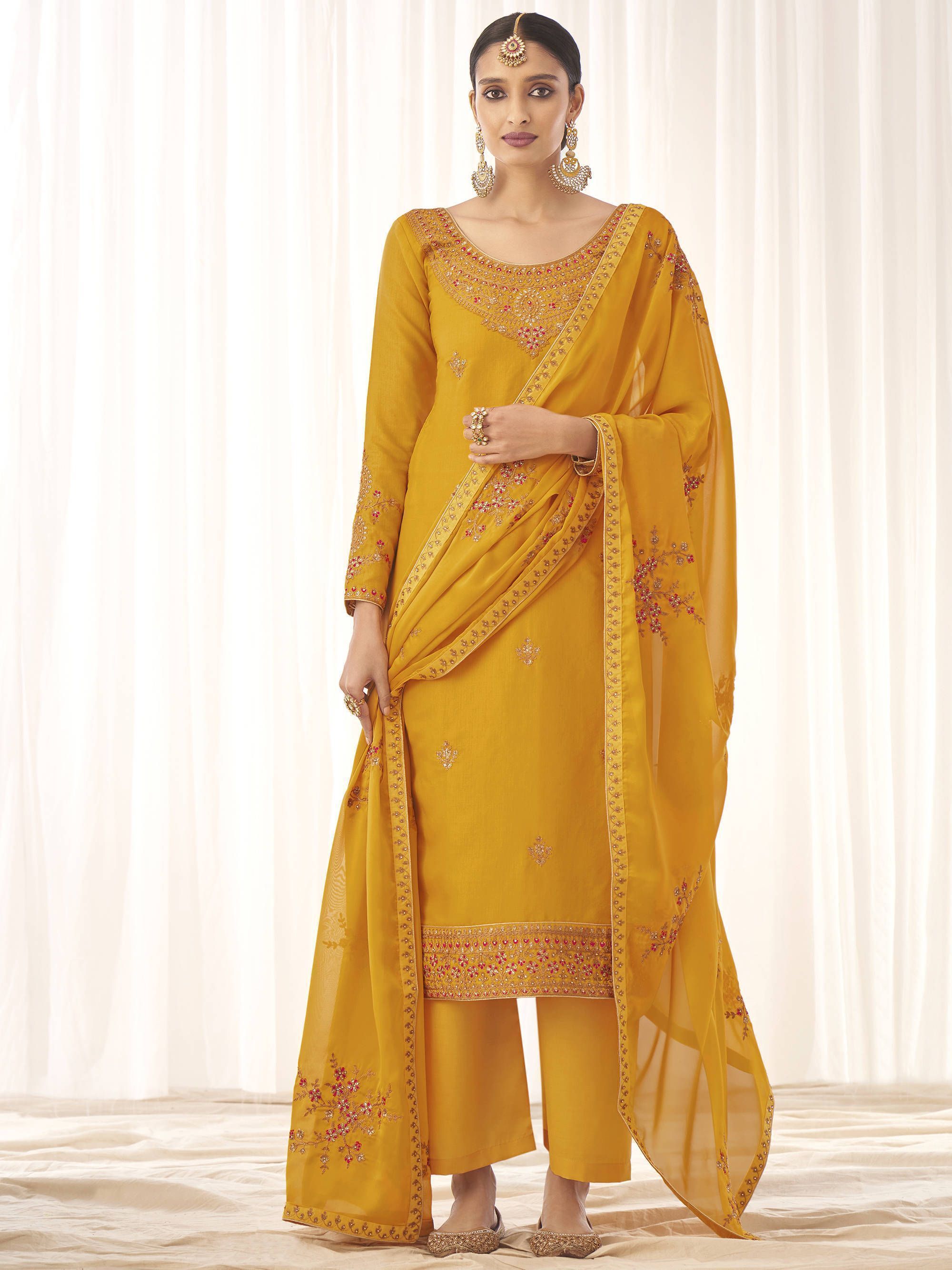 Yellow Embroidered Art Silk Festive Wear Salwar Kameez