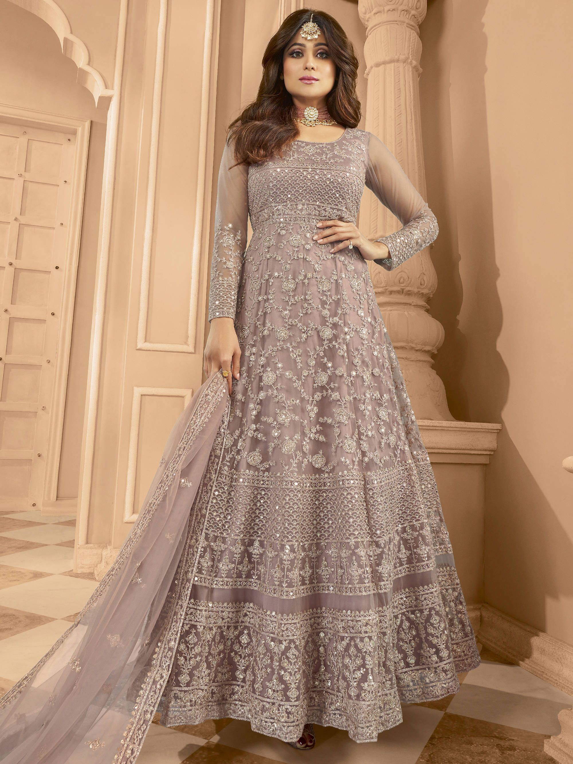 Shamita Shetty Mauve Embroidered Net Wedding Wear Anarkali Suit 