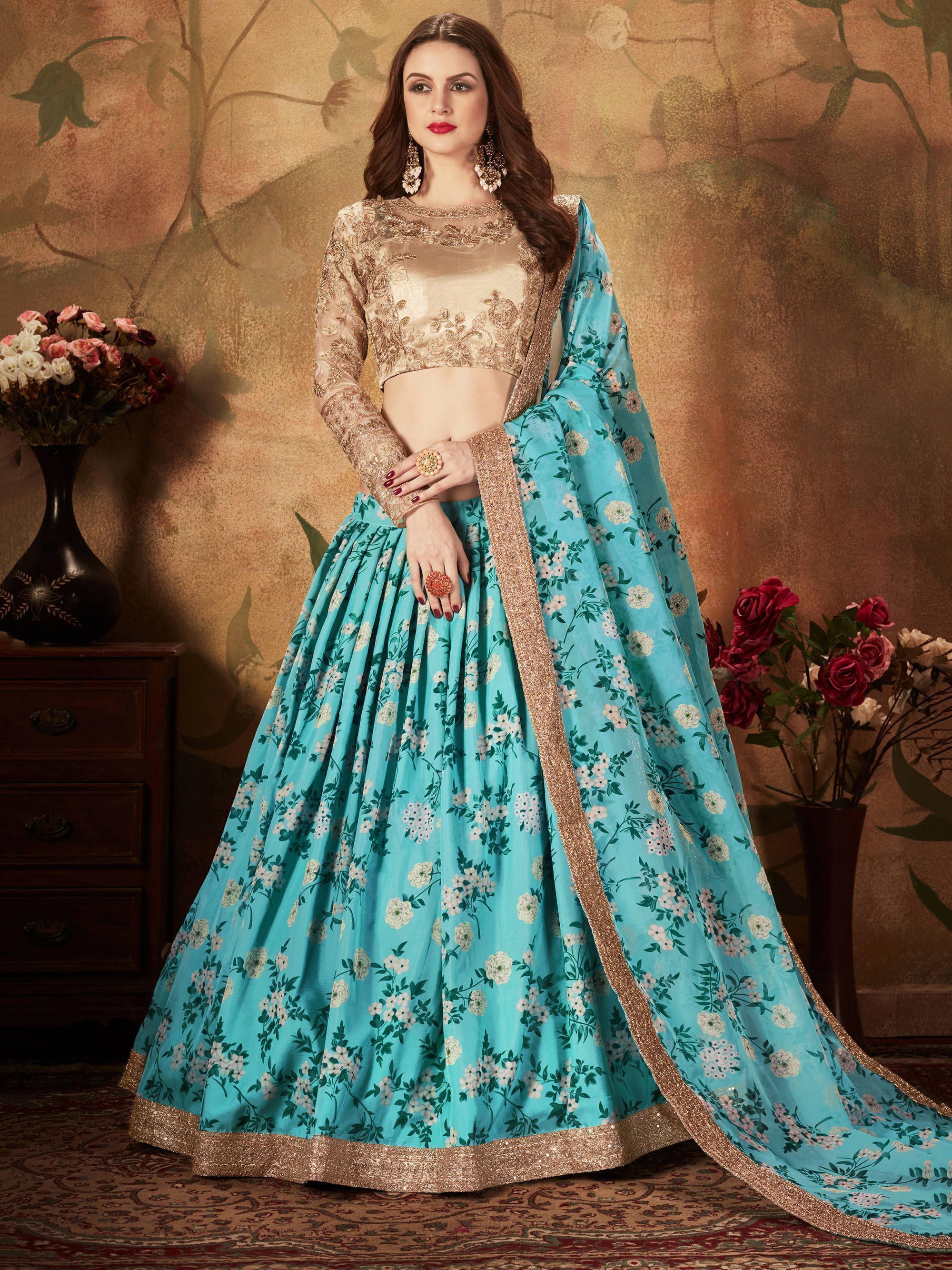 Sky Blue Floral Digital Printed Organza Wedding Wear Lehenga Choli