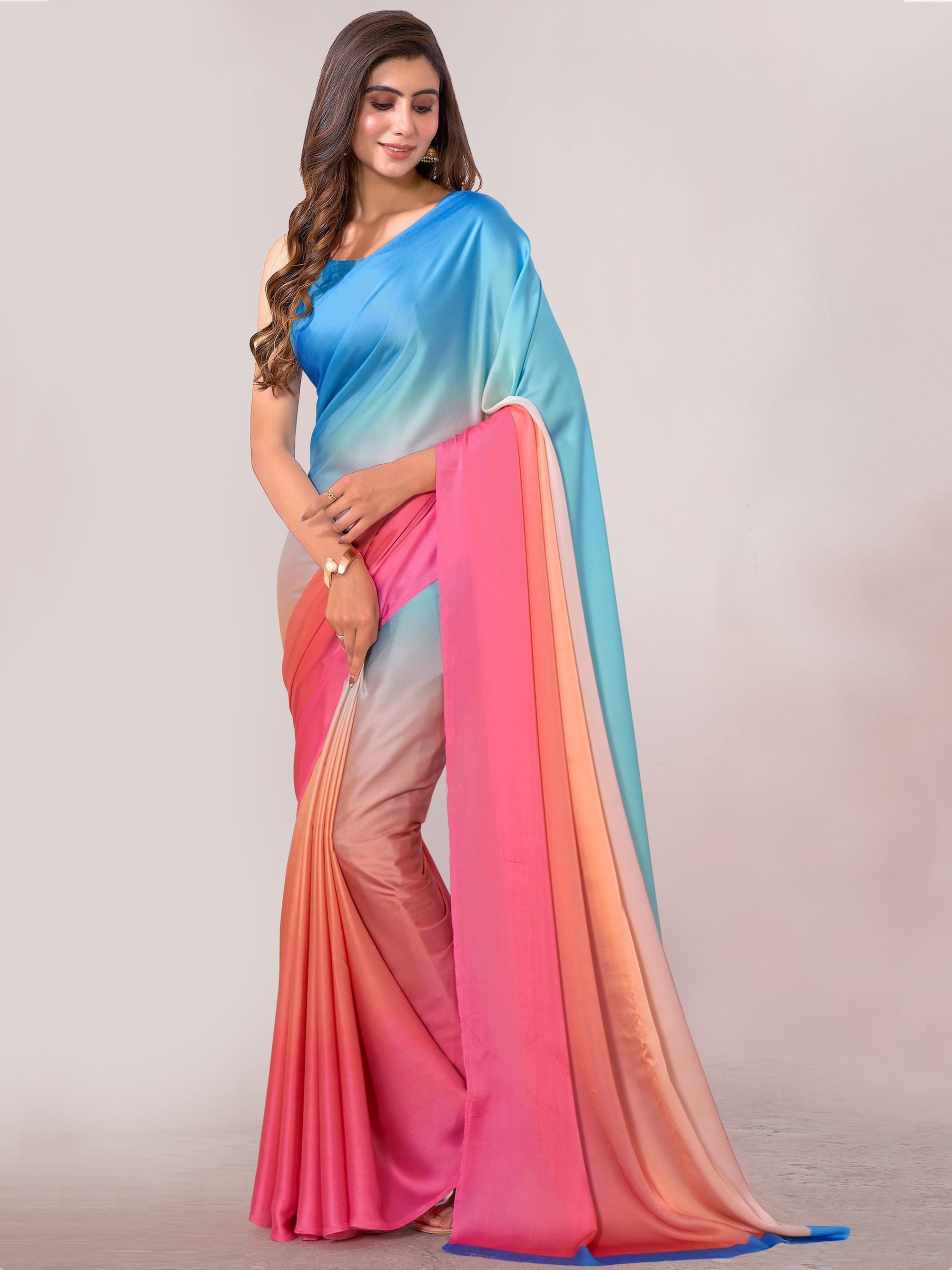 Fascinating Multi-Color Satin Party Wear Plain Saree With Blouse