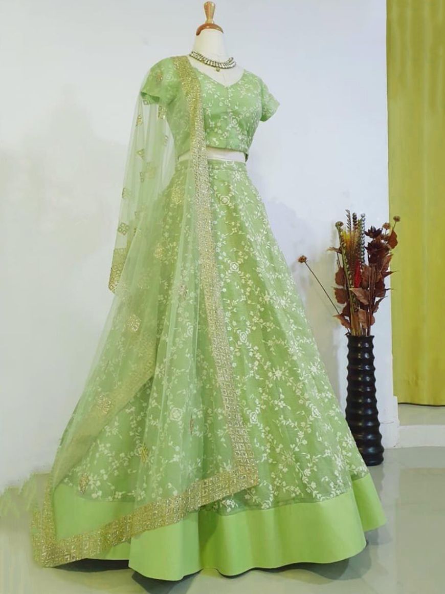 Green Thread Embroidered Net Festive Wear Lehenga Choli