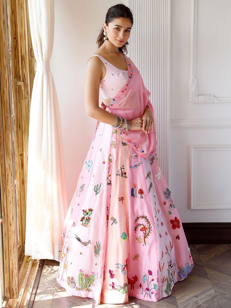 Alia Bhatt Baby Pink Printed Crepe Party Wear Lehenga Choli 