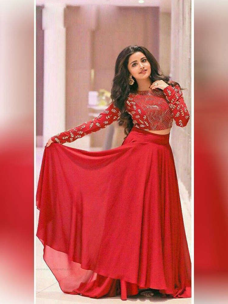 Red Georgette embroidered Crop Top Lehenga 