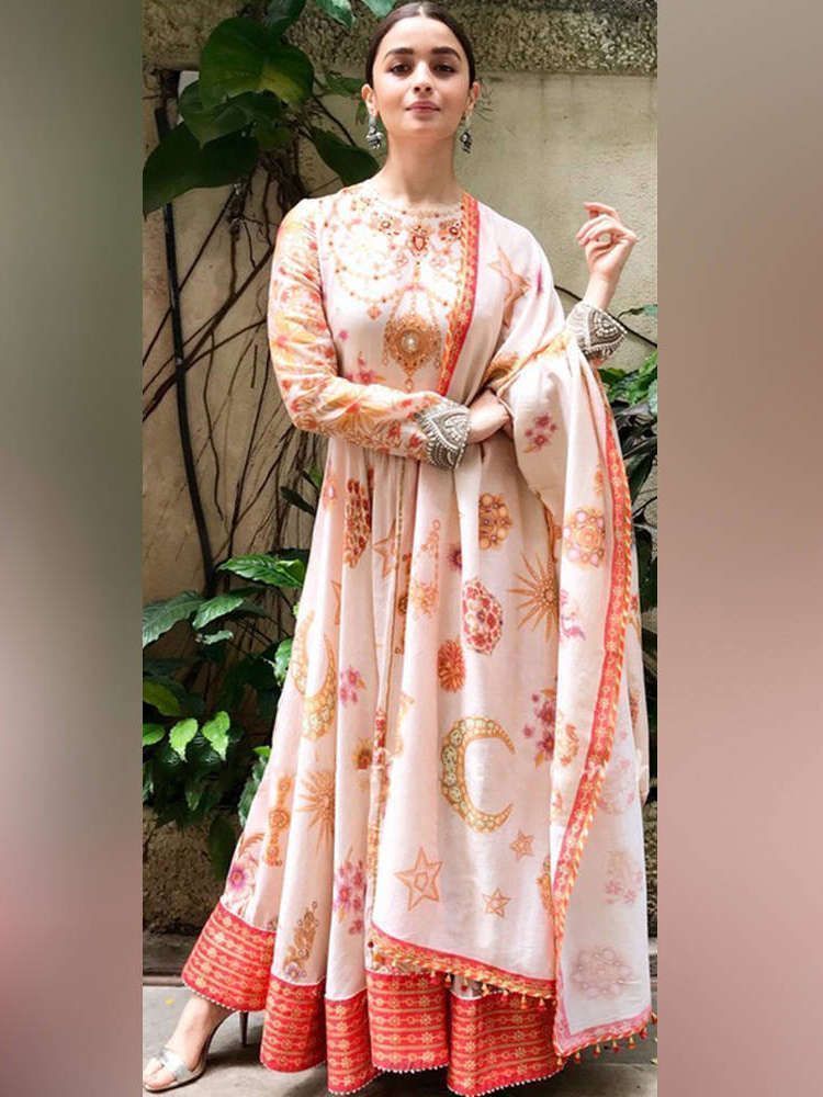 Alia Bhatt Peach Georgette Digital Printed Gown (Default)
