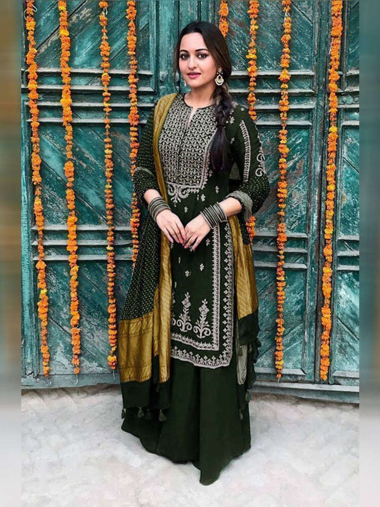 Bottle Green Georgette Embroidered Sharara Suit