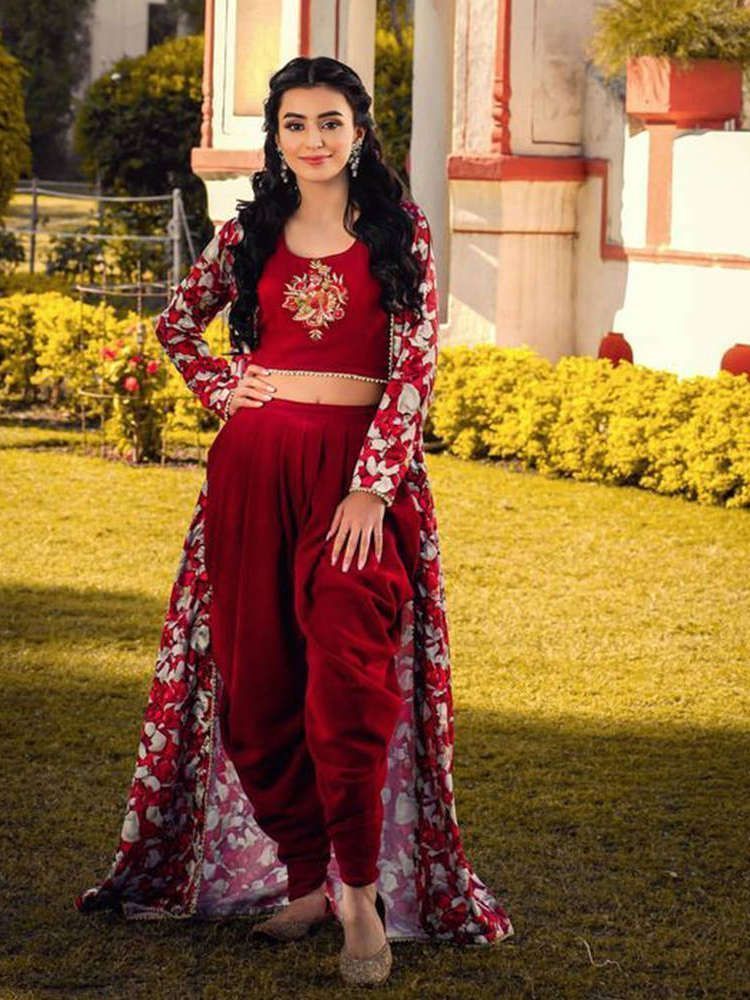 Ankita Sharma Maroon Embroidered rayon Indo-Western Patiyala Suit (Default)