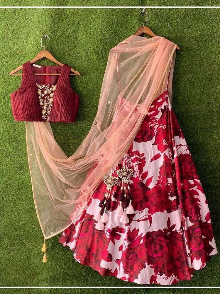 Red Rose Floral Digital Printed Taffeta Silk Party Wear Lehenga Choli With Dupatta (Default)