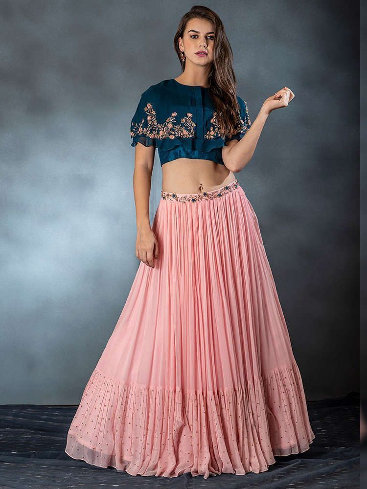 Peach Embroidery Georgette Party Wear Ruffle Lehenga With Cape Style Choli (Default)