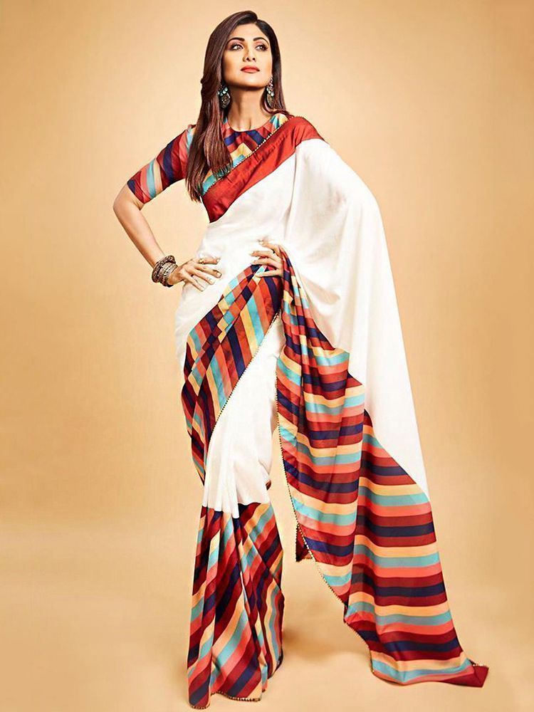 Shilpa Shetty Off White Leheriya Georgette Festival Wear Saree