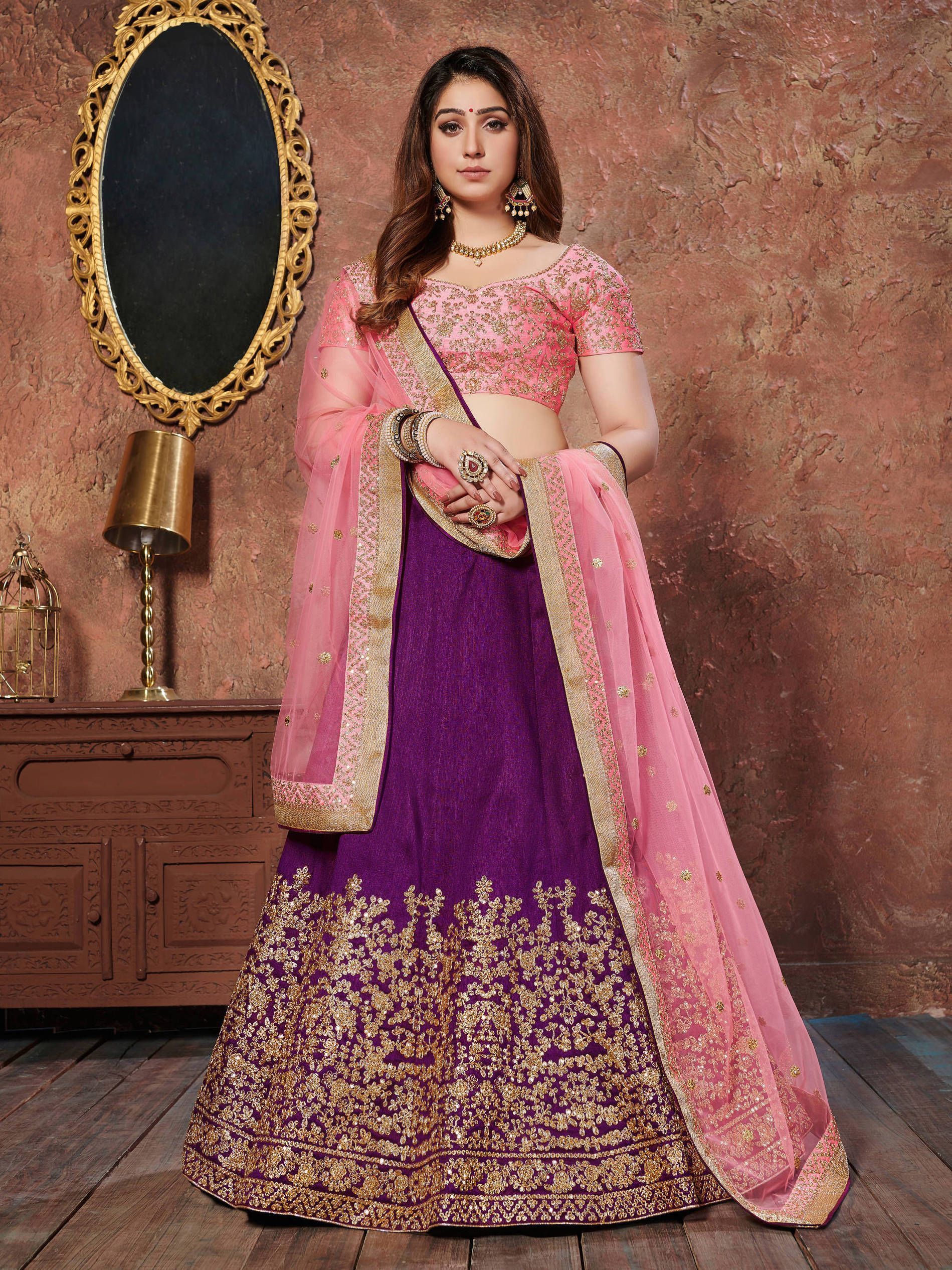 Purple Sequins Silk Wedding Lehenga With Pastel Pink Choli and Dupatta (Default)
