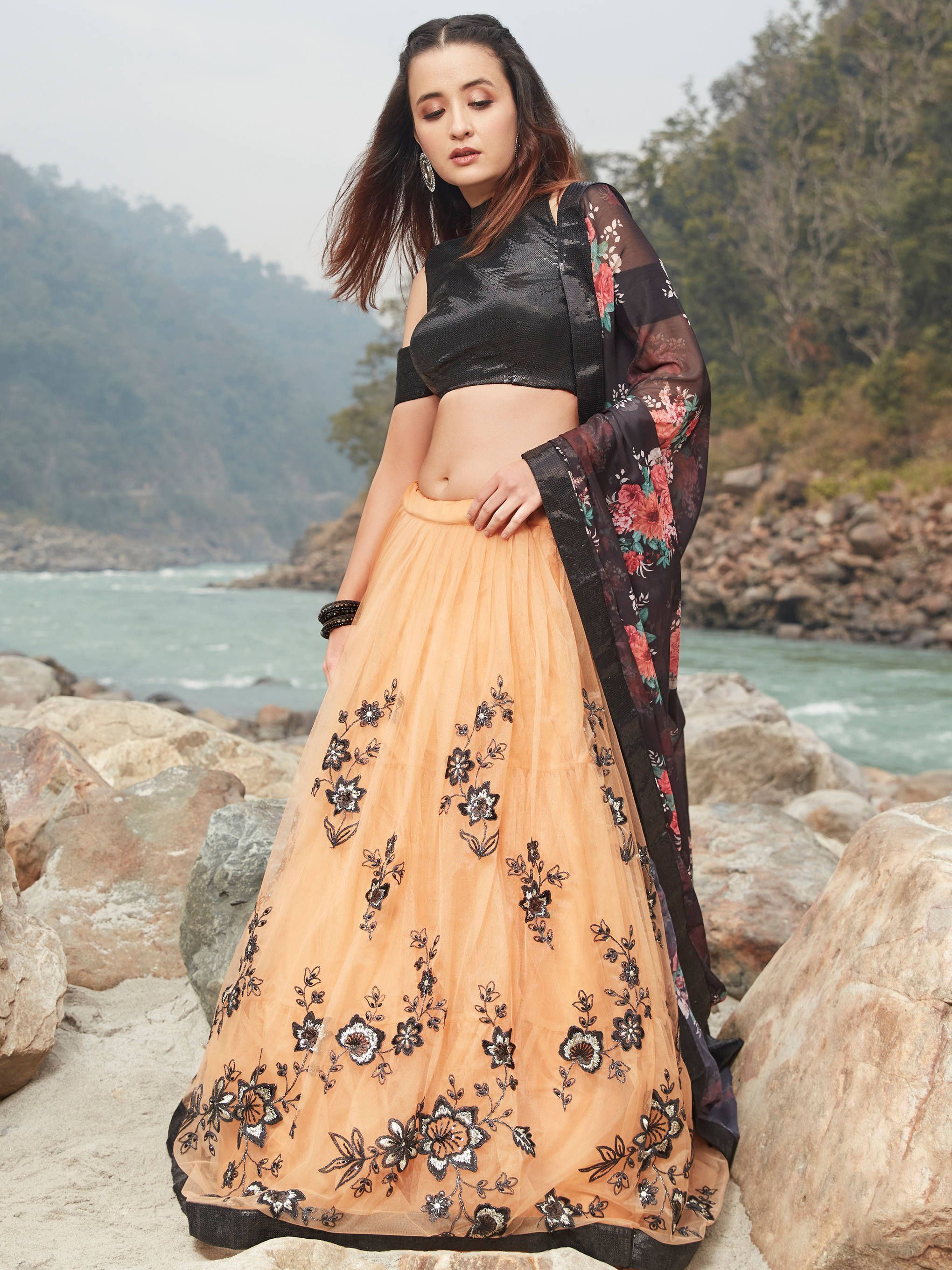 Peach Embroidered Net Party Wear Lehenga Choli With Floral Dupatta