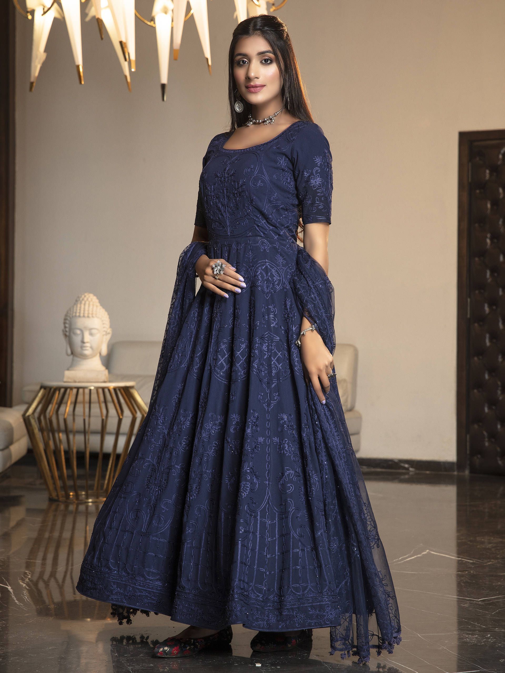 Navy Blue Stone Thread Embroidered Georgette Party Wear Anarkali Gown
