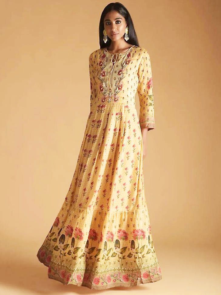 Yellow Floral Printed Maslin Festive Wear Ready To Wear Long Gown