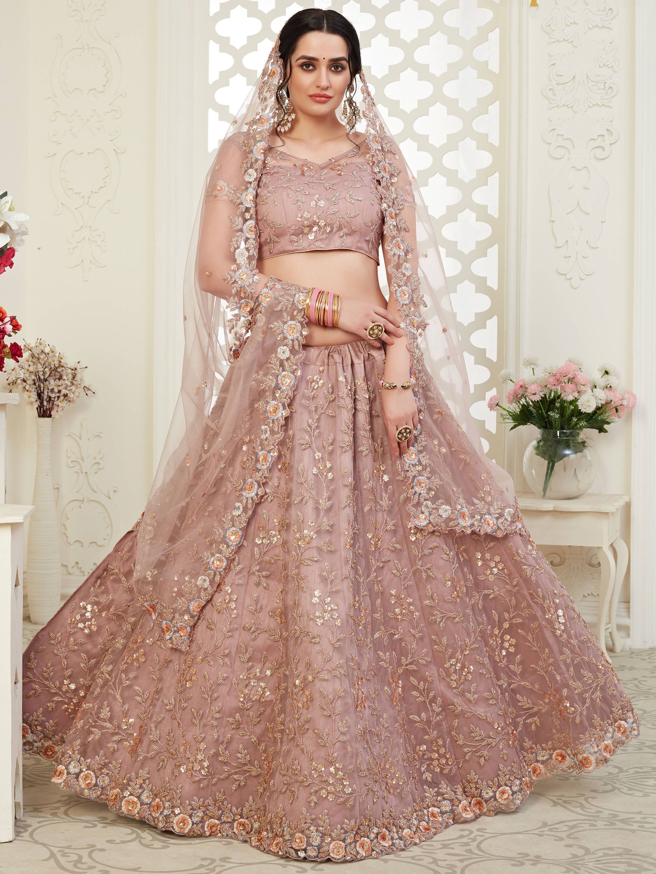 Mauve Color Thread Net Bridal Wear Lehenga Choli