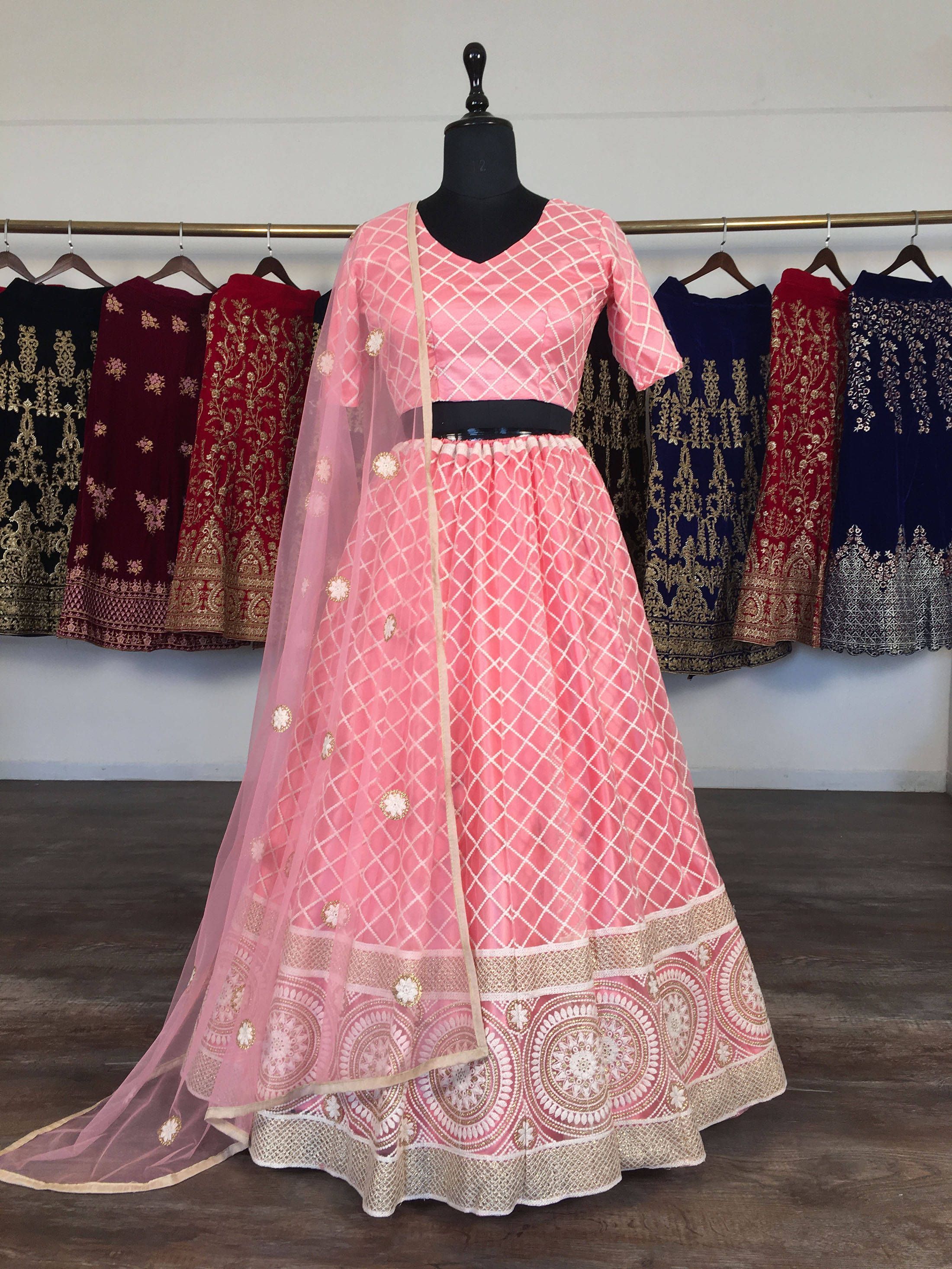 Pink Checks Lucknowi Net Wedding Wear Lehenga Choli
