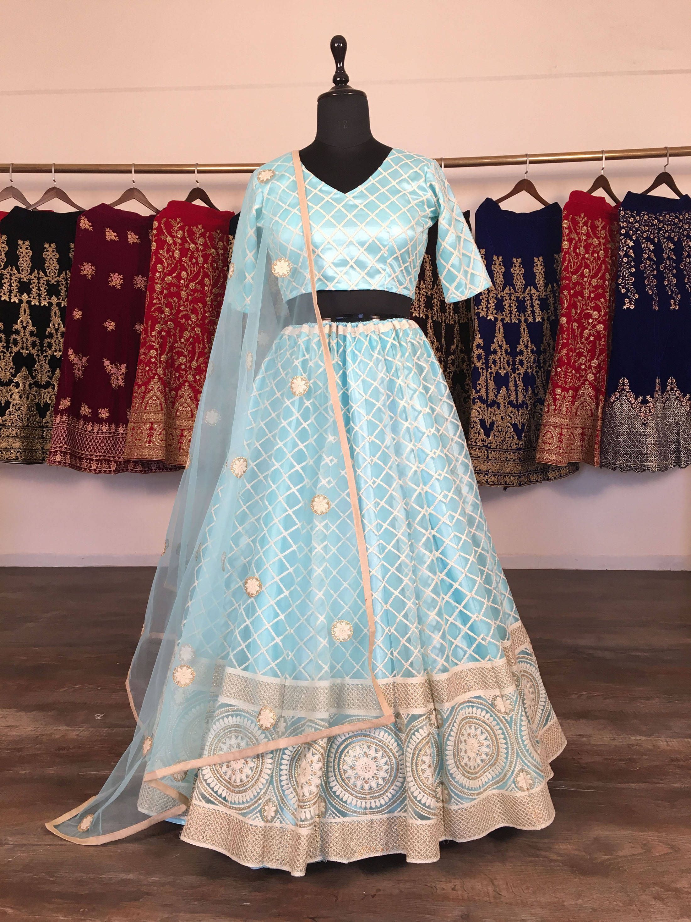 Sky Blue Checks Lucknowi Net Wedding Wear Lehenga Choli
