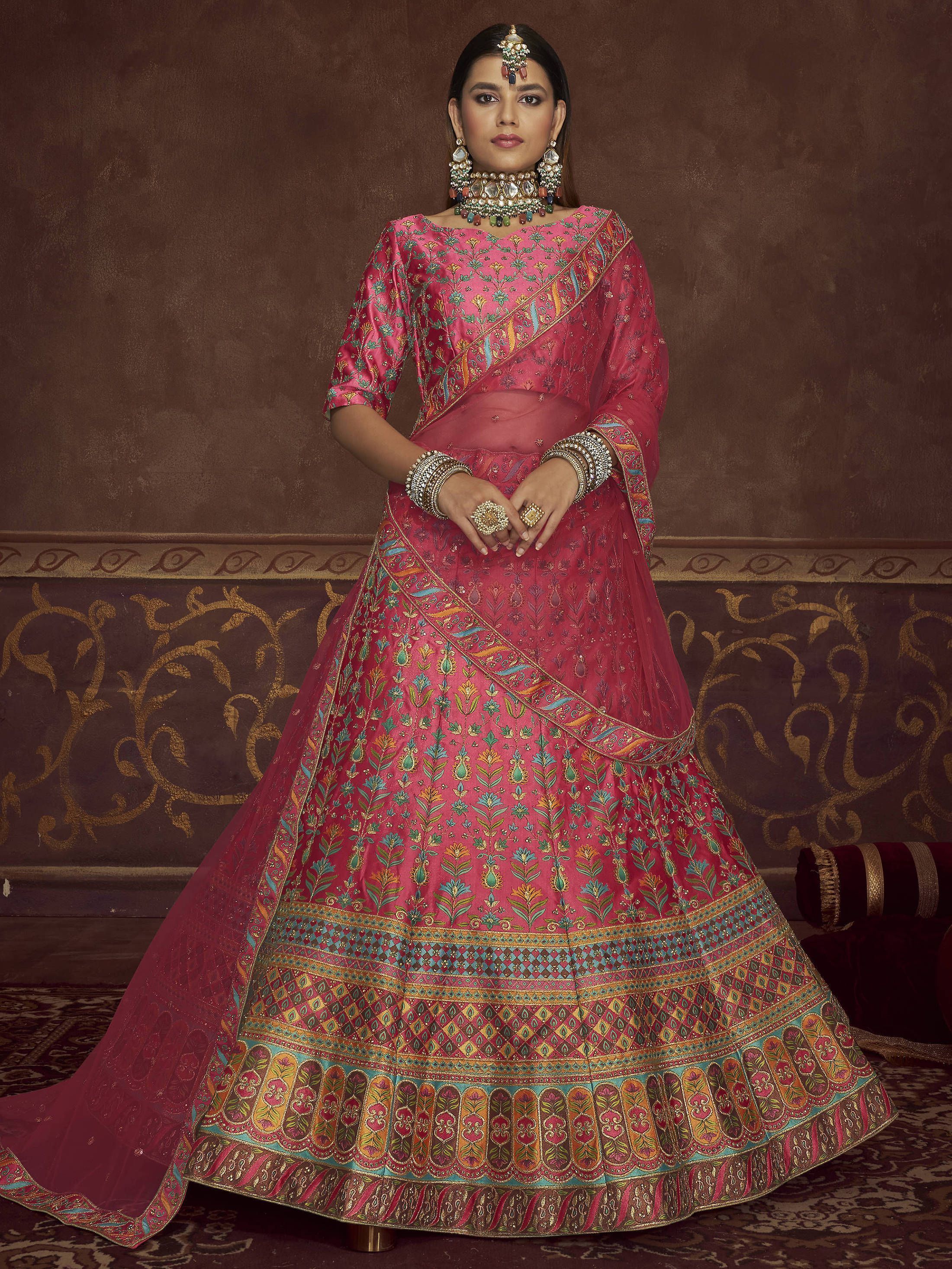 Captivating Pink Zari Embroidered Silk Wedding Wear Lehenga Choli