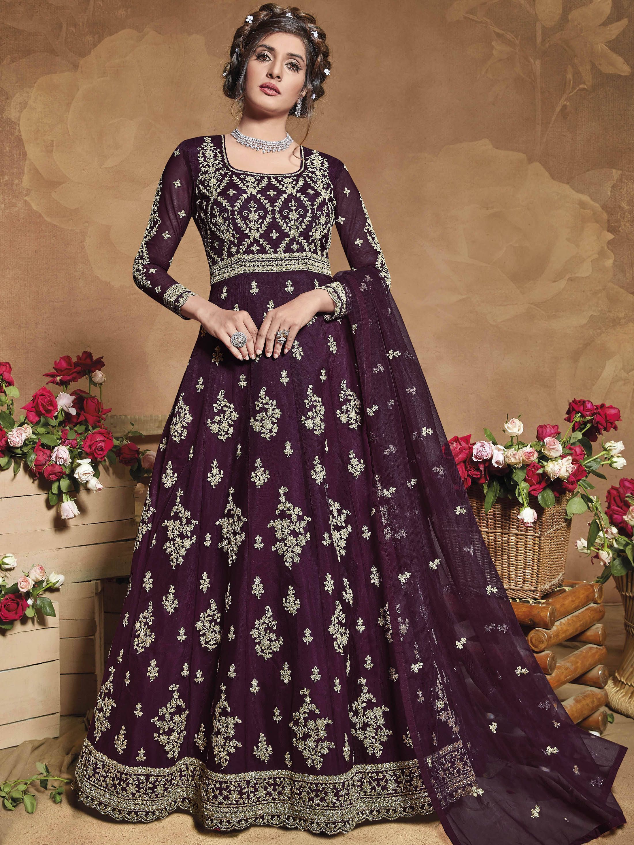 Wine Heavy Embroidered Net Party Wear Abaya Style Gown