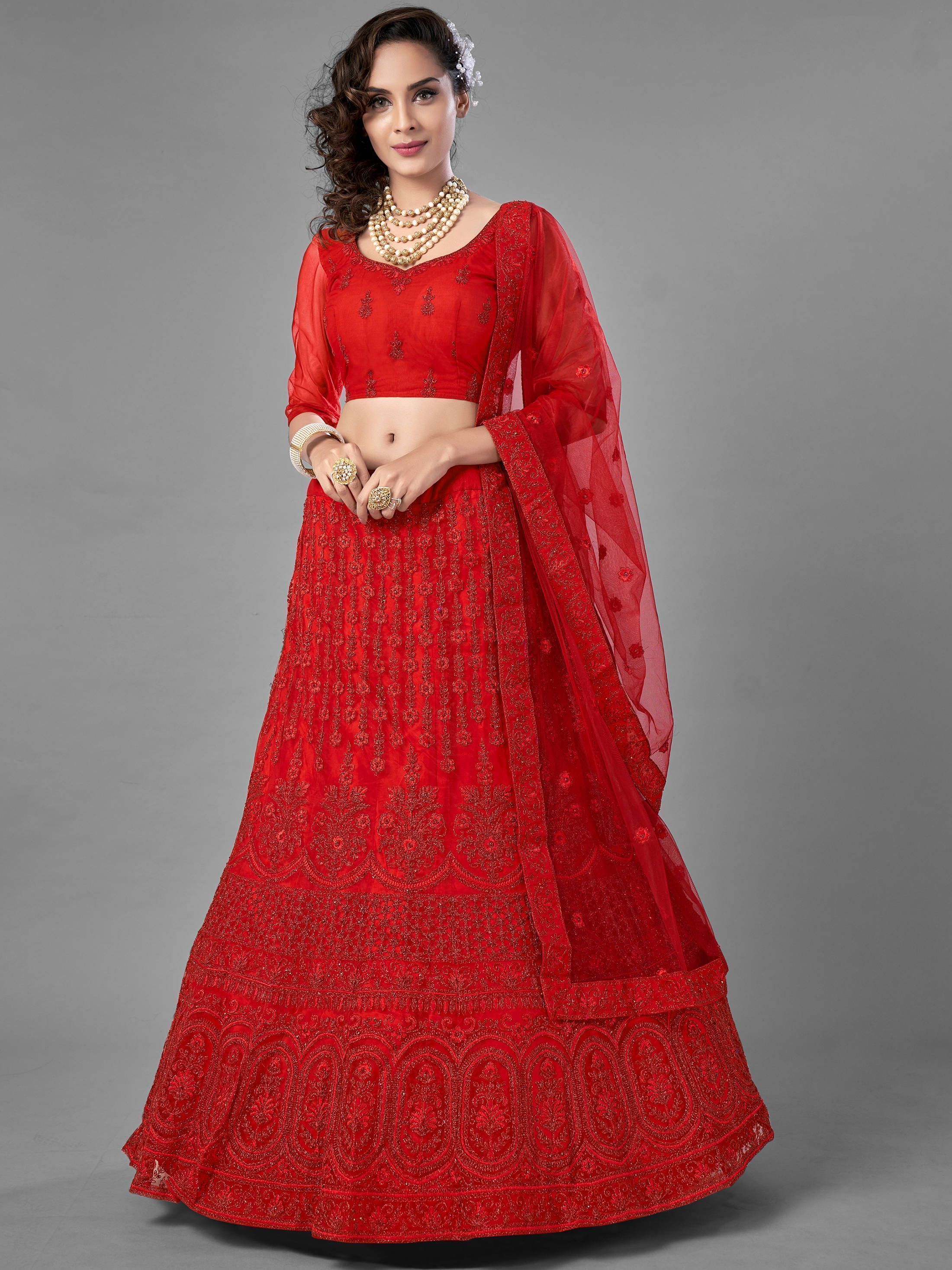 Red Dori Embroidered Soft Net Bridal Lehenga Choli