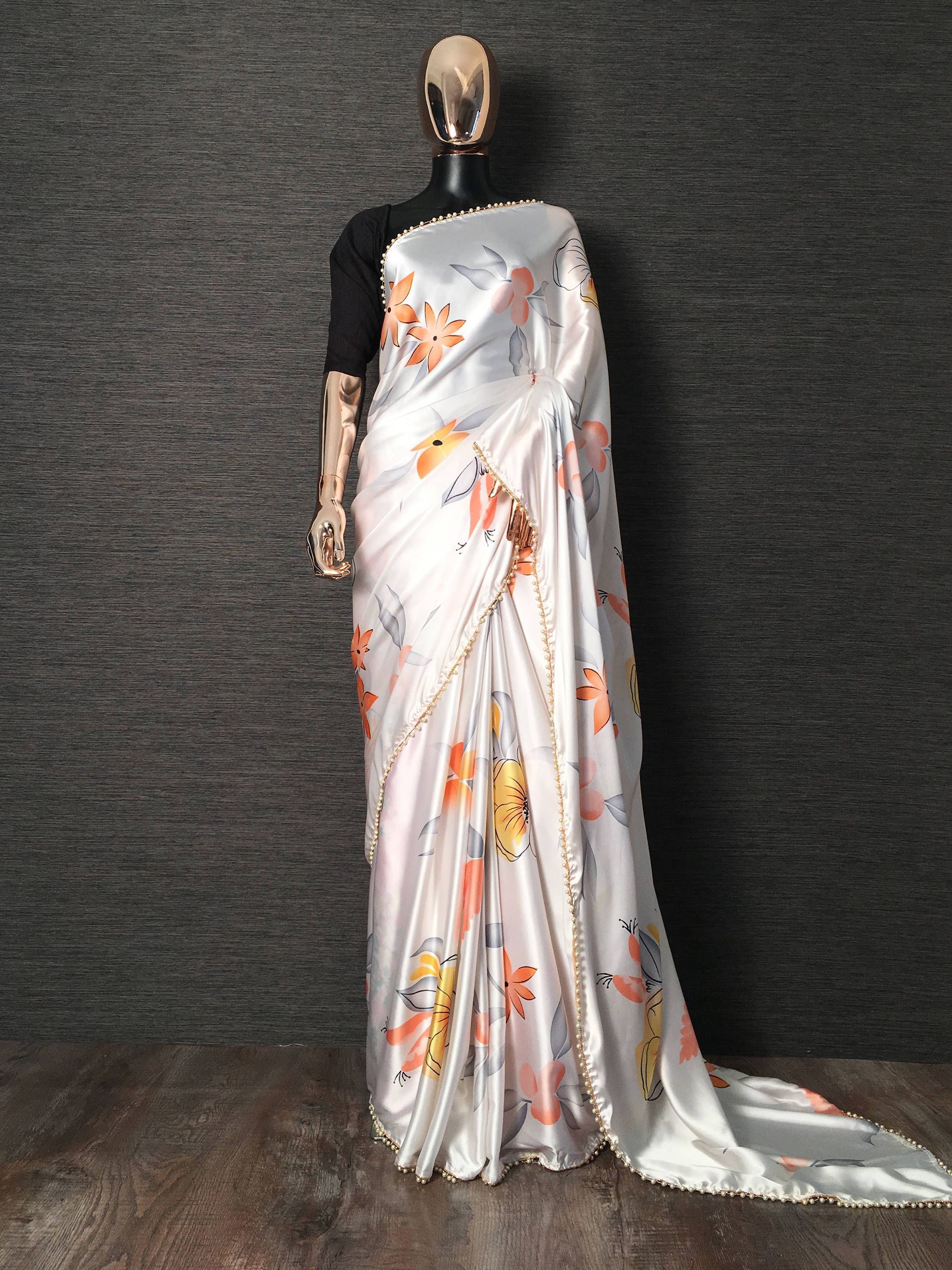 White Floral Printed Satin Silk Casual Wear Saree