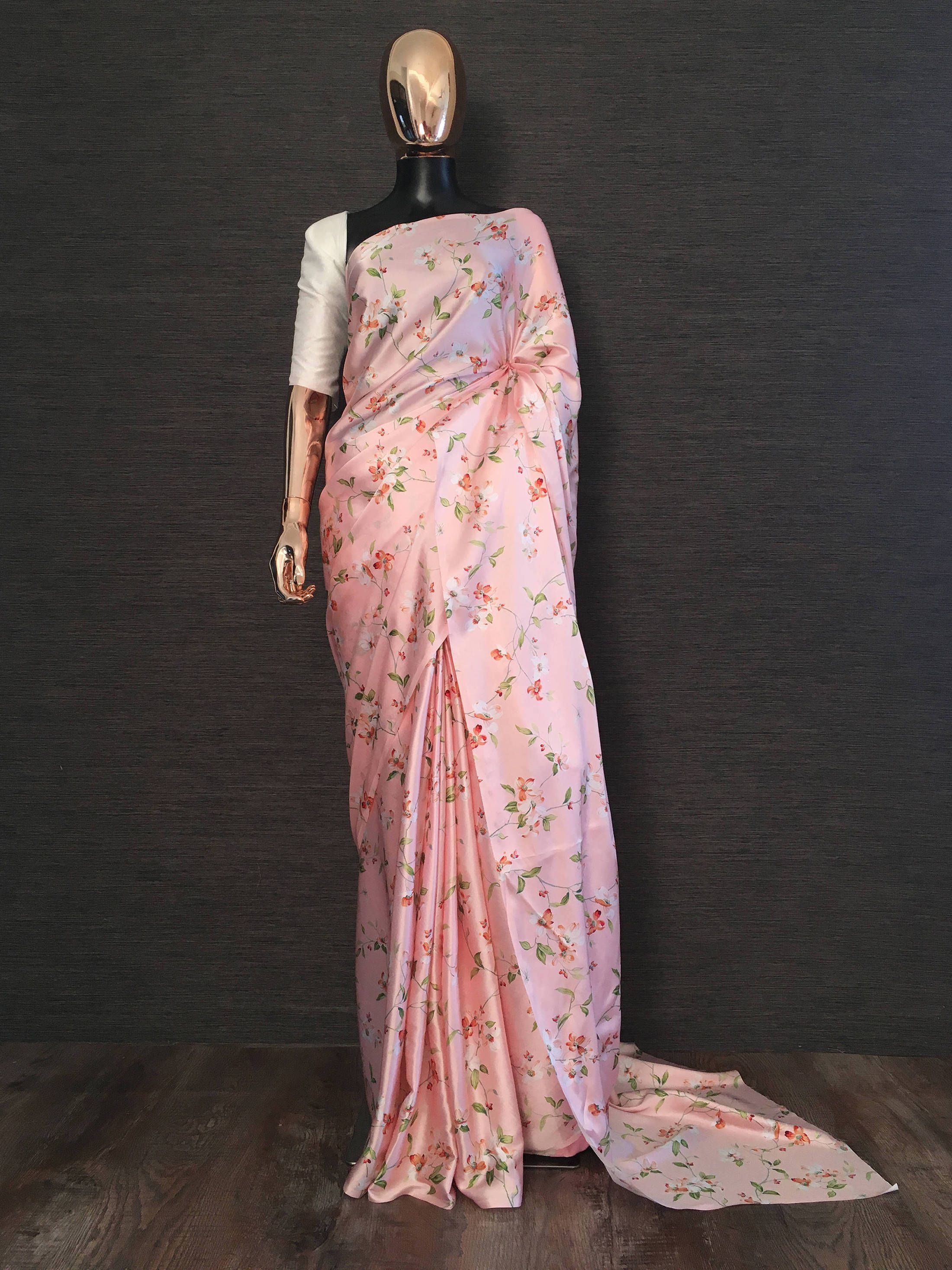 Pink Floral Digital Printed Satin Casual Wear Saree